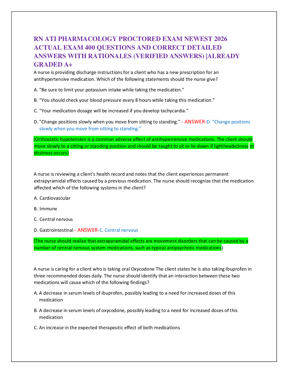 Recommended document preview for RN ATI PHARMACOLOGY PROCTORED EXAM NEWEST 2026  ACTUAL EXAM 400 QUESTIONS AND CORRECT DETAILED   ANSWERS WITH RATIONALES (VERIFIED ANSWERS) |ALREADY  GRADED A+