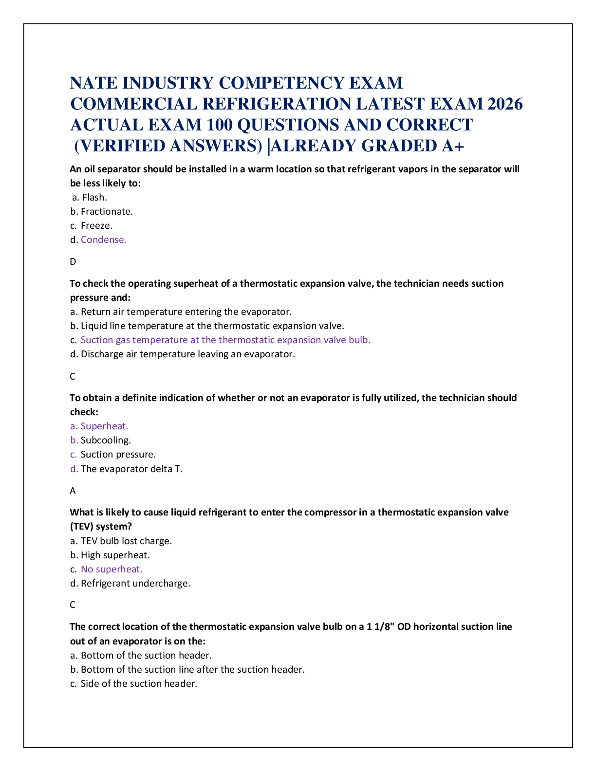 Recommended document preview for NATE INDUSTRY COMPETENCY EXAM  COMMERCIAL REFRIGERATION LATEST EXAM 2026  ACTUAL EXAM 100 QUESTIONS AND CORRECT   (VERIFIED ANSWERS) |ALREADY GRADED A+