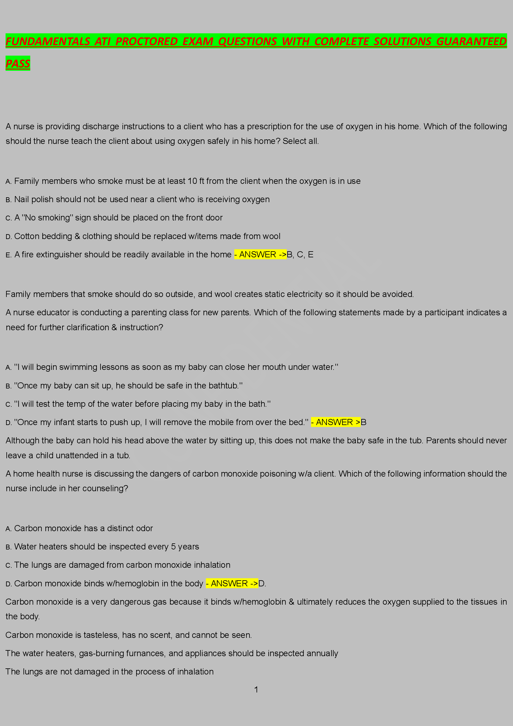 FUNDAMENTALS ATI PROCTORED EXAM QUESTIONS WITH COMPLETE SOLUTIONS GUARANTEED PASS