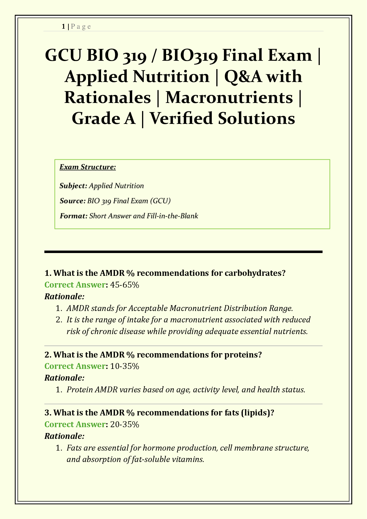 Recommended document preview for GCU BIO 319 / BIO319 Final Exam | 2026/2027 | Applied Nutrition |  Q&A with Rationales | Macronutrients, AMDR, Vitamins & Minerals | Grade A+ | Verified Solutions