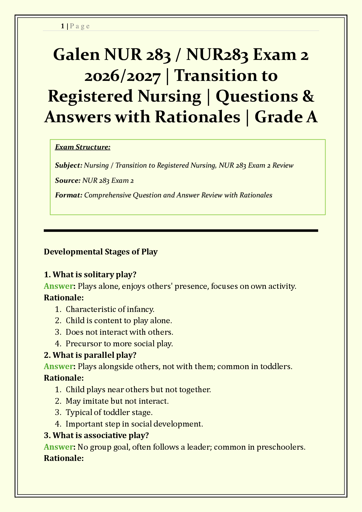Preview of NUR 283 / NUR283 Exam 2 Galen | 2026/2027 | Transition to Registered Nursing | Q & A with