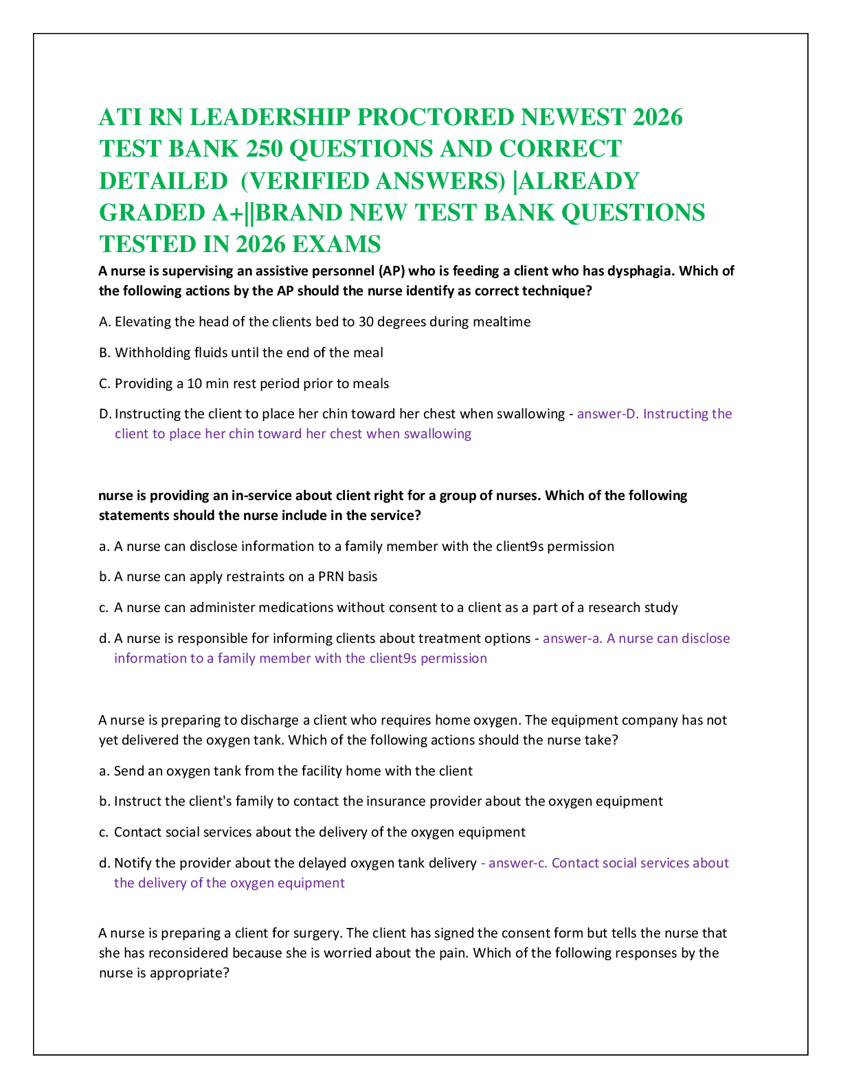 Preview of ATI RN LEADERSHIP PROCTORED NEWEST 2026  TEST BANK 250 QUESTIONS AND CORRECT  DETAILED  (VERIFIED ANSWERS) |ALREADY  GRADED A+||BRAND NEW TEST BANK QUESTIONS  TESTED IN 2026 EXAMS