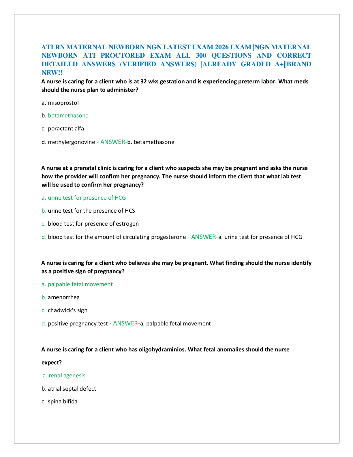 Preview of ATI RN MATERNAL NEWBORN NGN LATEST EXAM 2026 EXAM |NGN MATERNAL  NEWBORN ATI PROCTORED EXA