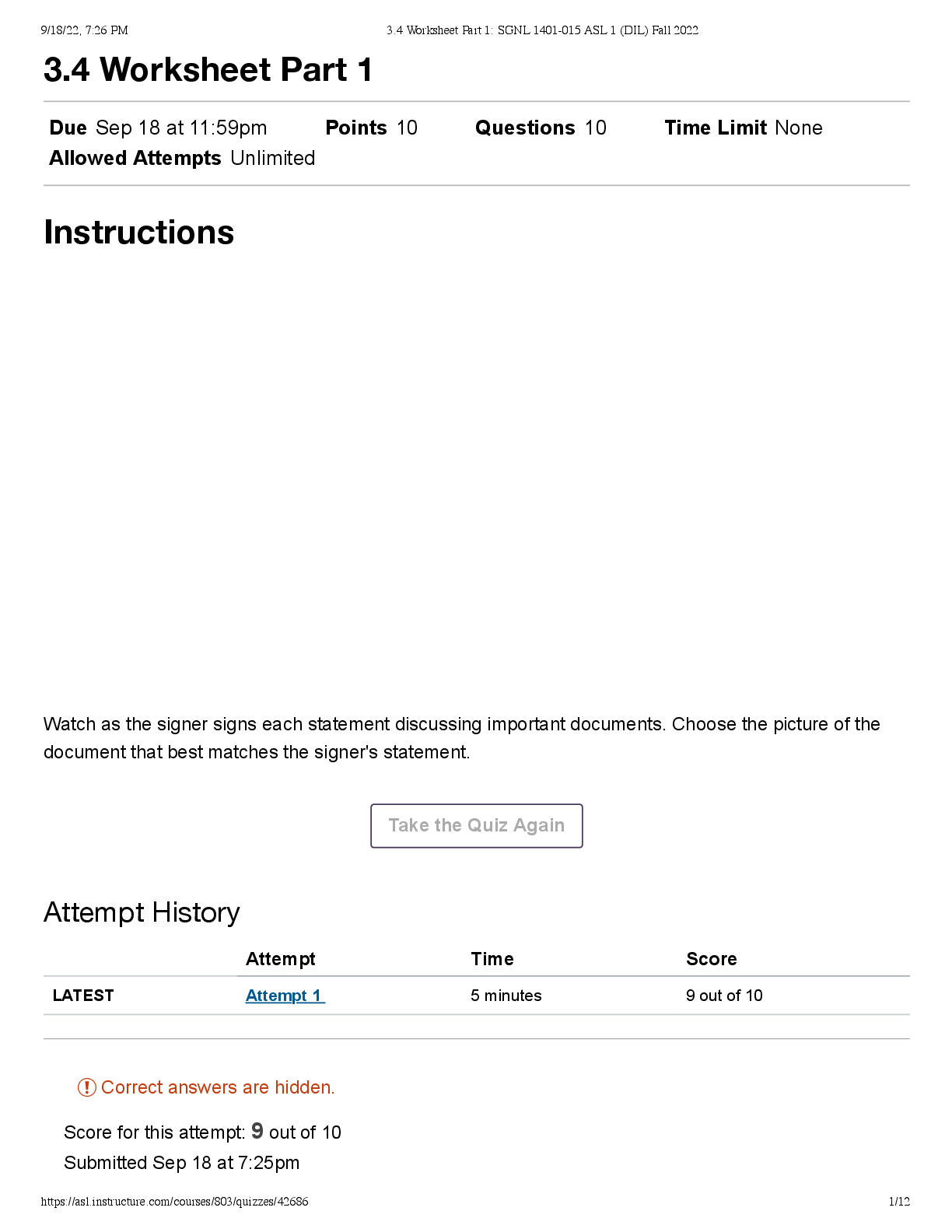 Preview of SGNL-1401 American Sign Language (ASL) 3.4 Worksheet Part 1: SGNL 1401-015 ASL 1 (DIL)