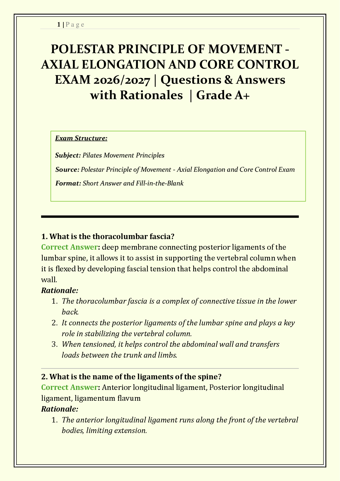 Recommended document preview for Polestar Principle of Movement: Axial Elongation and Core Control Exam 2026/2027 | Complete Q & A with Rationales | Anatomy, Breath & Biomechanics | Grade A+ | Verified Solutions
