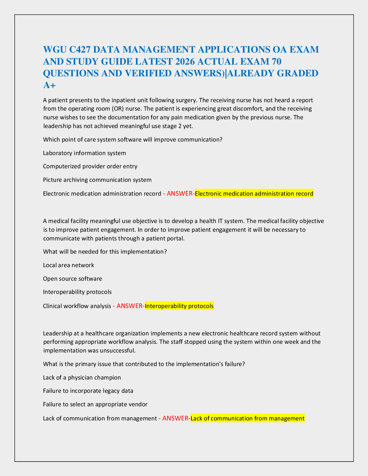 Recommended document preview for WGU C427 DATA MANAGEMENT APPLICATIONS OA EXAM   AND STUDY GUIDE LATEST 2026 ACTUAL EXAM 70   QUESTIONS AND VERIFIED ANSWERS)|ALREADY GRADED  A+