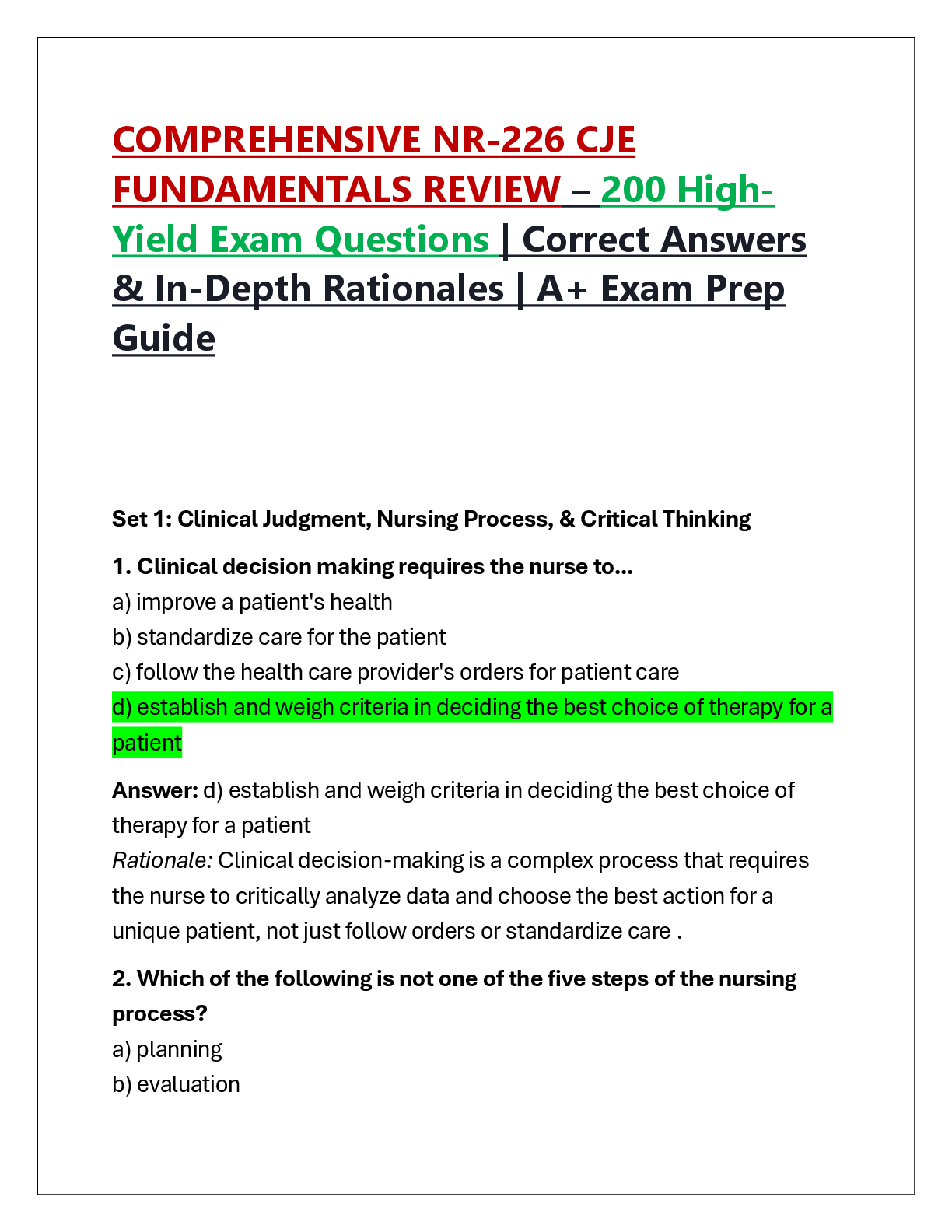 Preview of COMPREHENSIVE NR-226 CJE  FUNDAMENTALS REVIEW – 200 High Yield Exam Questions | Correct Answers  & In-Depth Rationales | A+ Exam Prep  Guide