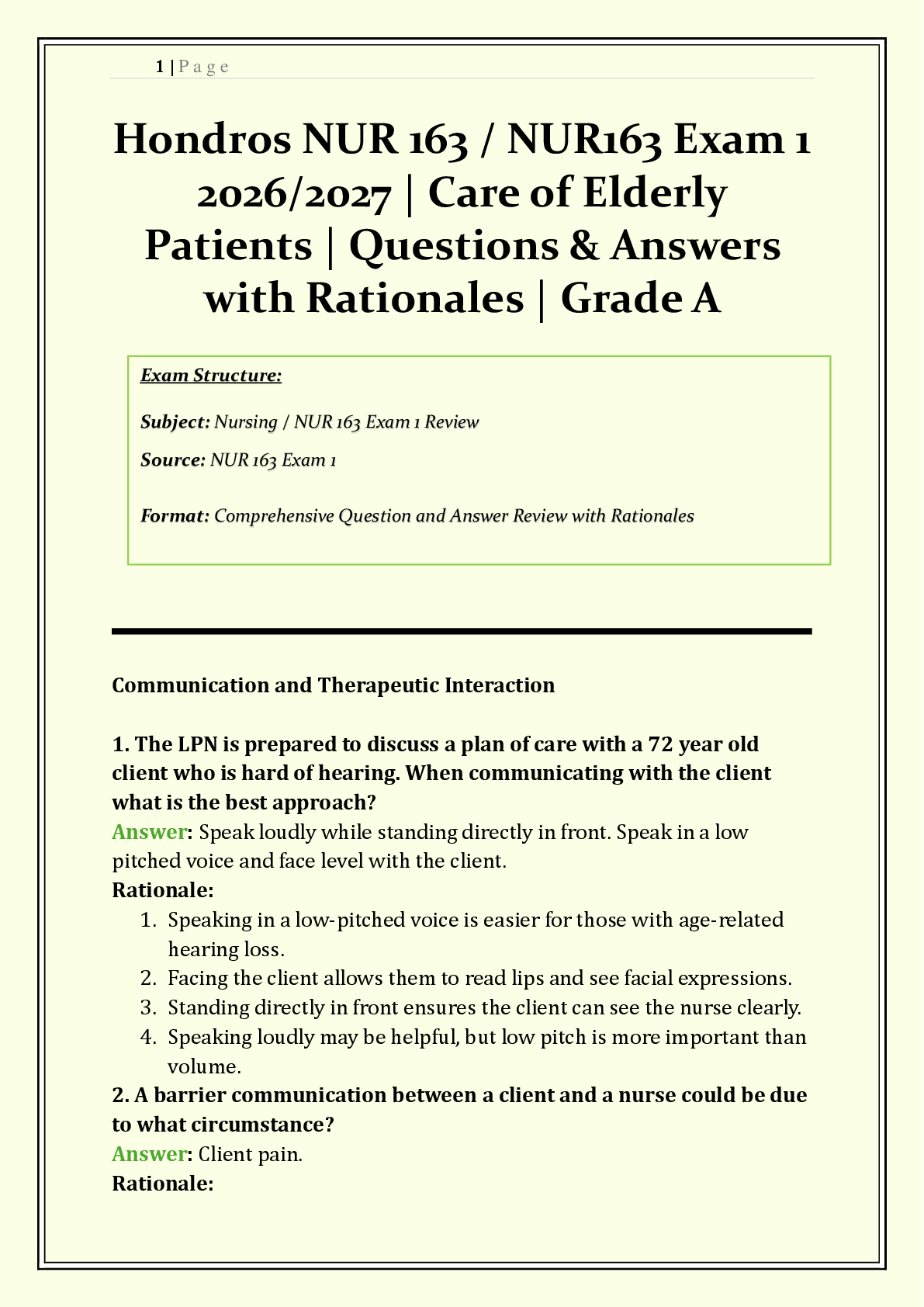 Preview of Hondros NUR 163 / NUR163 Exam 1 2026/2027 | Care of Elderly Patients |  Q &amp; A with Rationales | Health Promotion, Sleep, Medications &amp; Safety | Grade A | Verified Solutions