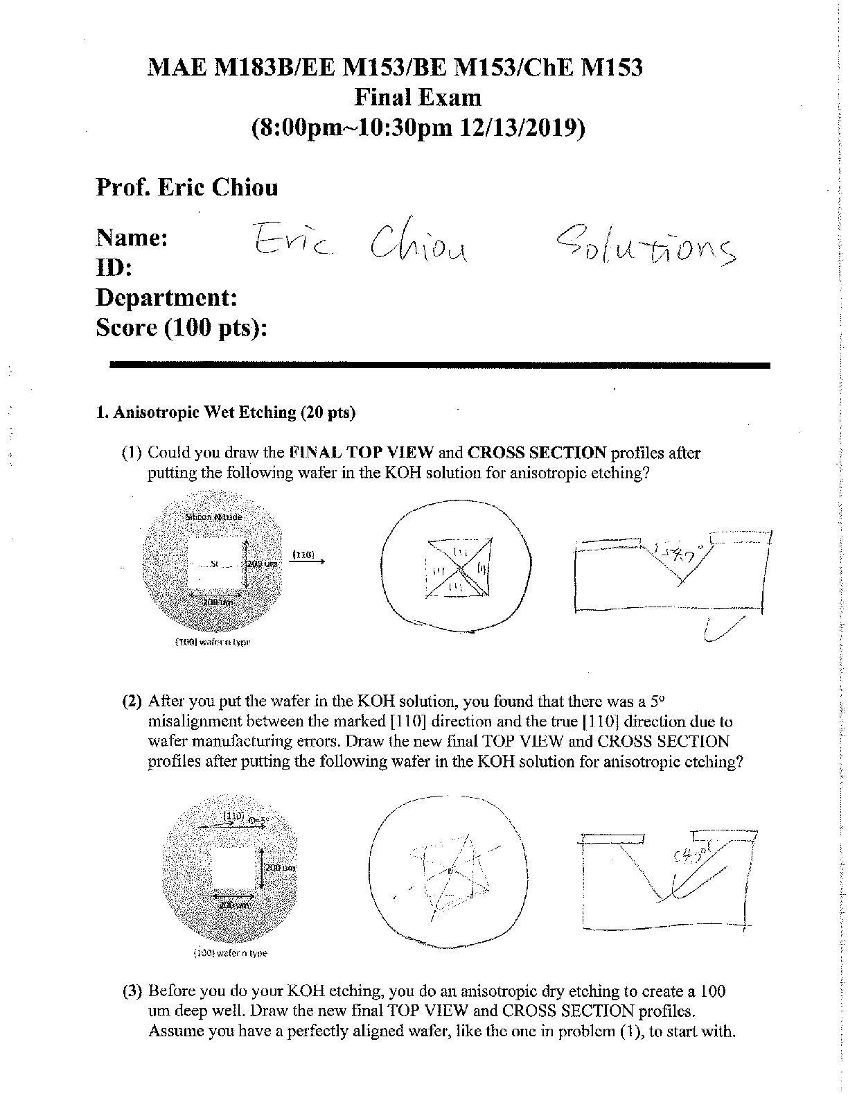 Recommended document preview for MAE M183B/EE M153/BE M153/ChE M153 Practice Final Exam with Solutions