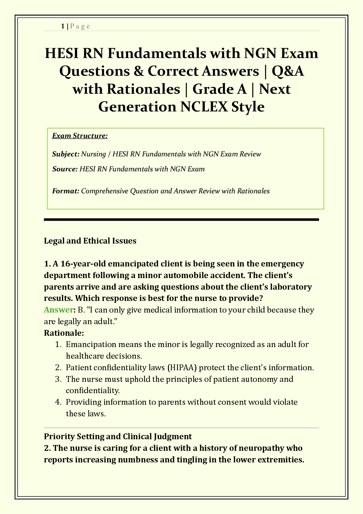 HESI RN Fundamentals with NGN Exam 2026/2027 | Complete Test Bank with Questions & Answers | Next Generation NCLEX Style | Patient Safety, Med Admin, Clinical Judgment | Detailed Rationales | Verified Solutions
