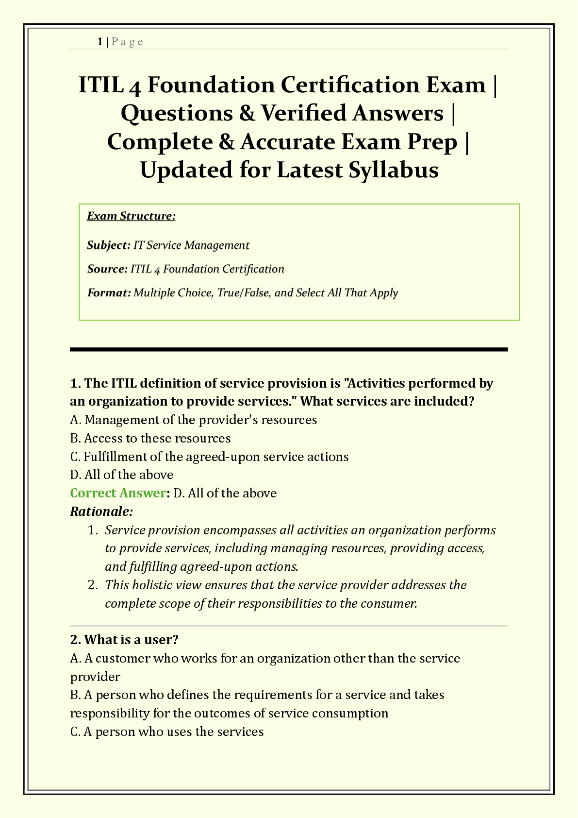 Recommended document preview for ITIL 4 Foundation Certification Exam 2026/2027 |  Practice Questions & Answers  | Service Value System, Guiding Principles & 4 Dimensions | Grade A+ | Verified Solutions