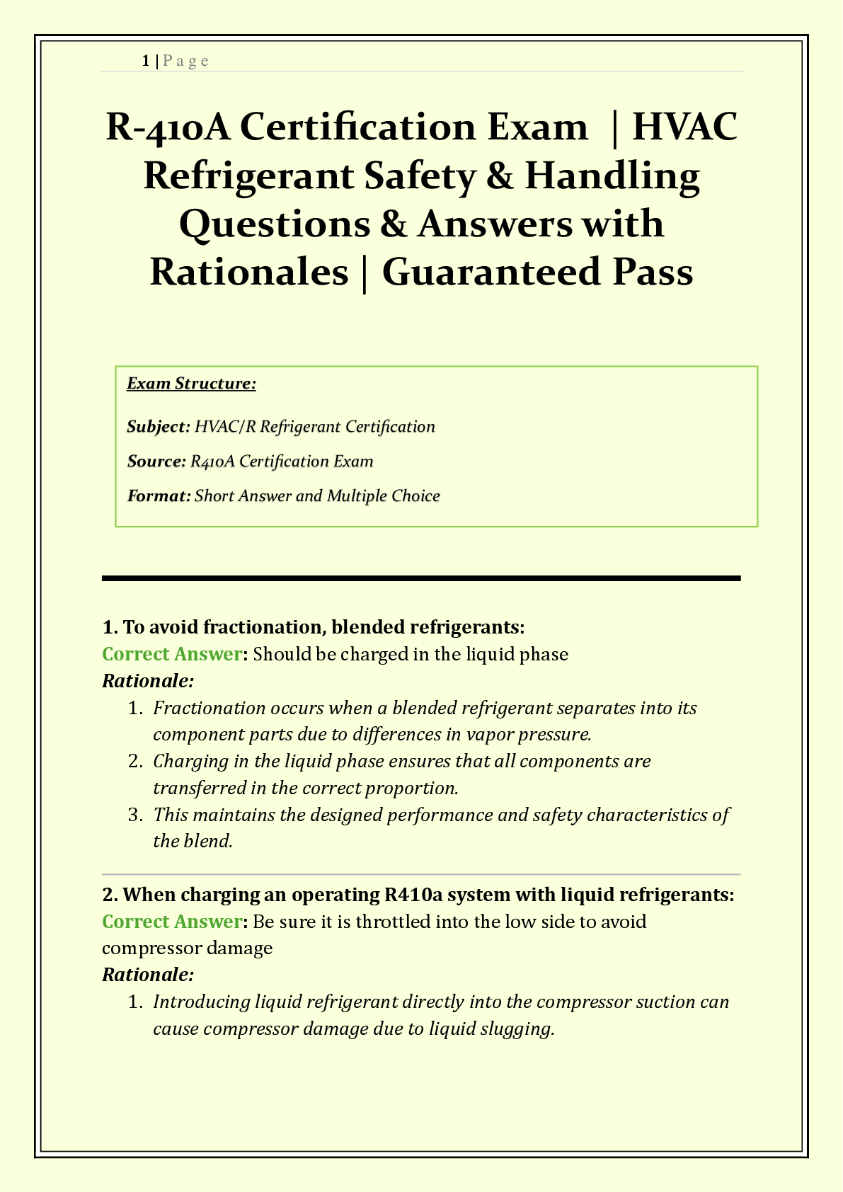 R-410A Certification Exam 2026/2027 | HVAC Refrigerant Safety & Handling | Questions & Answers with Rationales | Universal R-410A Safety & Training | Grade A | Verified Solutions