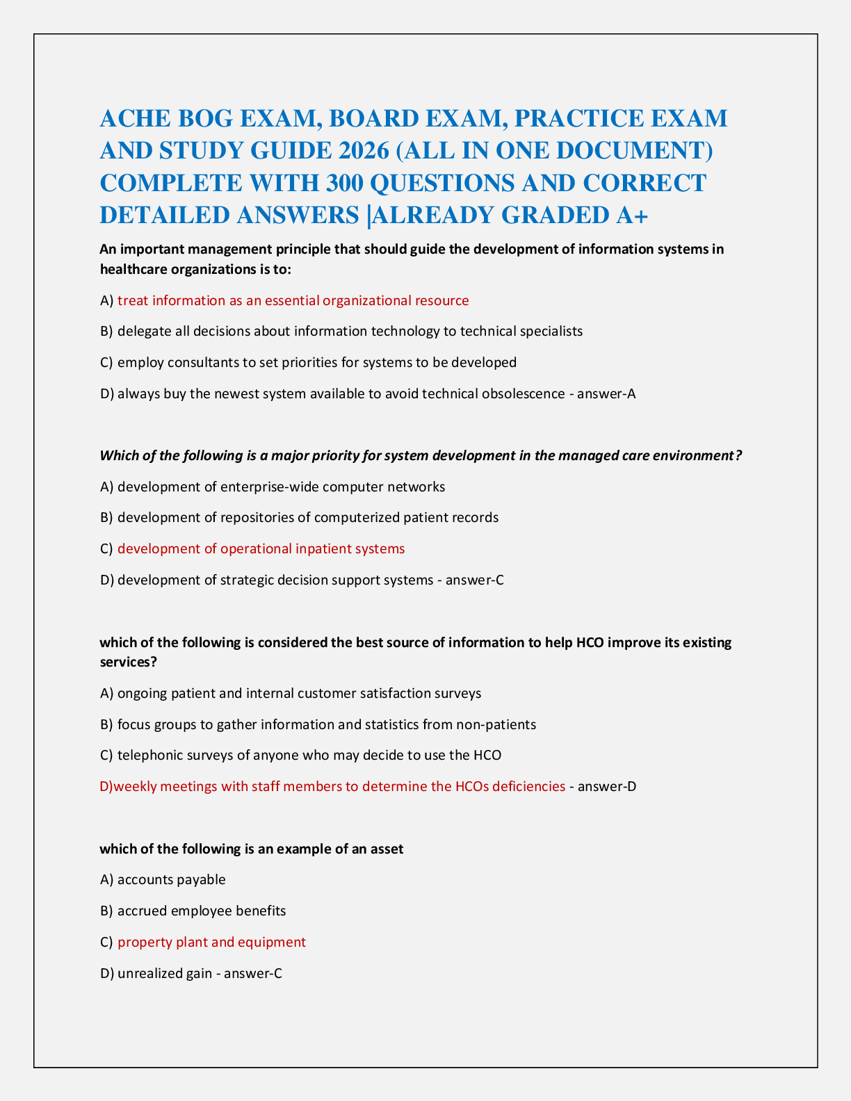 ACHE BOG EXAM, BOARD EXAM, PRACTICE EXAM   AND STUDY GUIDE 2026 (ALL IN ONE DOCUMENT)   COMPLETE WITH 300 QUESTIONS AND CORRECT   DETAILED ANSWERS |ALREADY GRADED A+