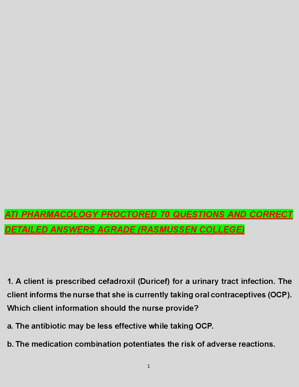 Recommended document preview for ATI PHARMACOLOGY PROCTORED 70 QUESTIONS AND CORRECT DETAILED ANSWERS AGRADE (RASMUSSEN COLLEGE