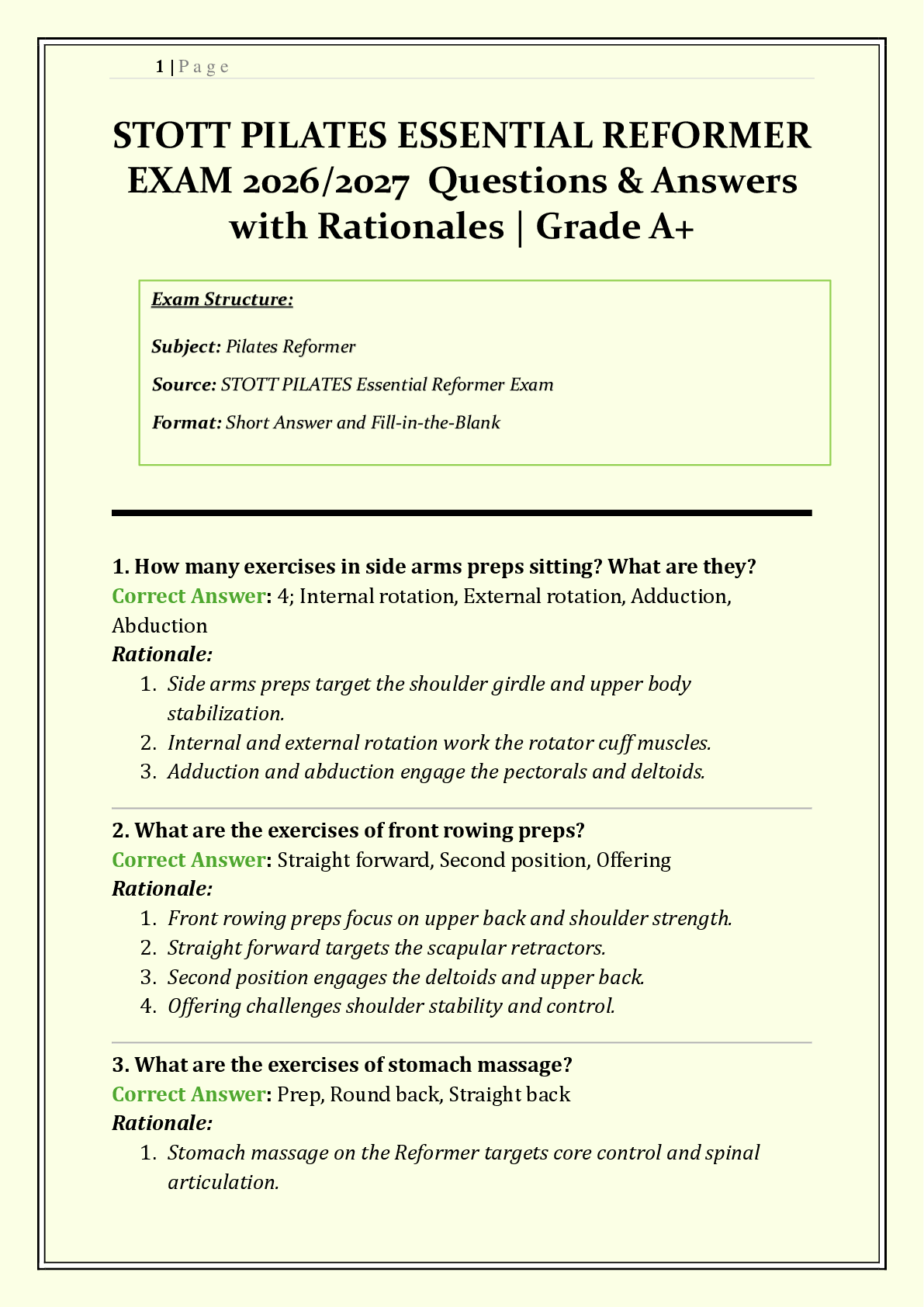 Recommended document preview for STOTT PILATES ESSENTIAL REFORMER EXAM 2026/2027 | Questions & Answers | Five Basic Principles, Spring Tensions, Exercise Sequences & Muscle Targets | Grade A+ | Downloadable PDF