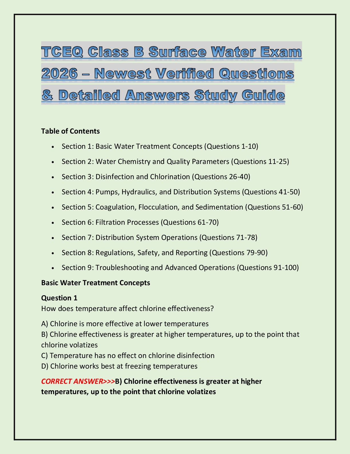 Preview of TCEQ Class B Surface Water Exam  2026 –Newest Verified Questions  &amp; Detailed Answers Study Guide