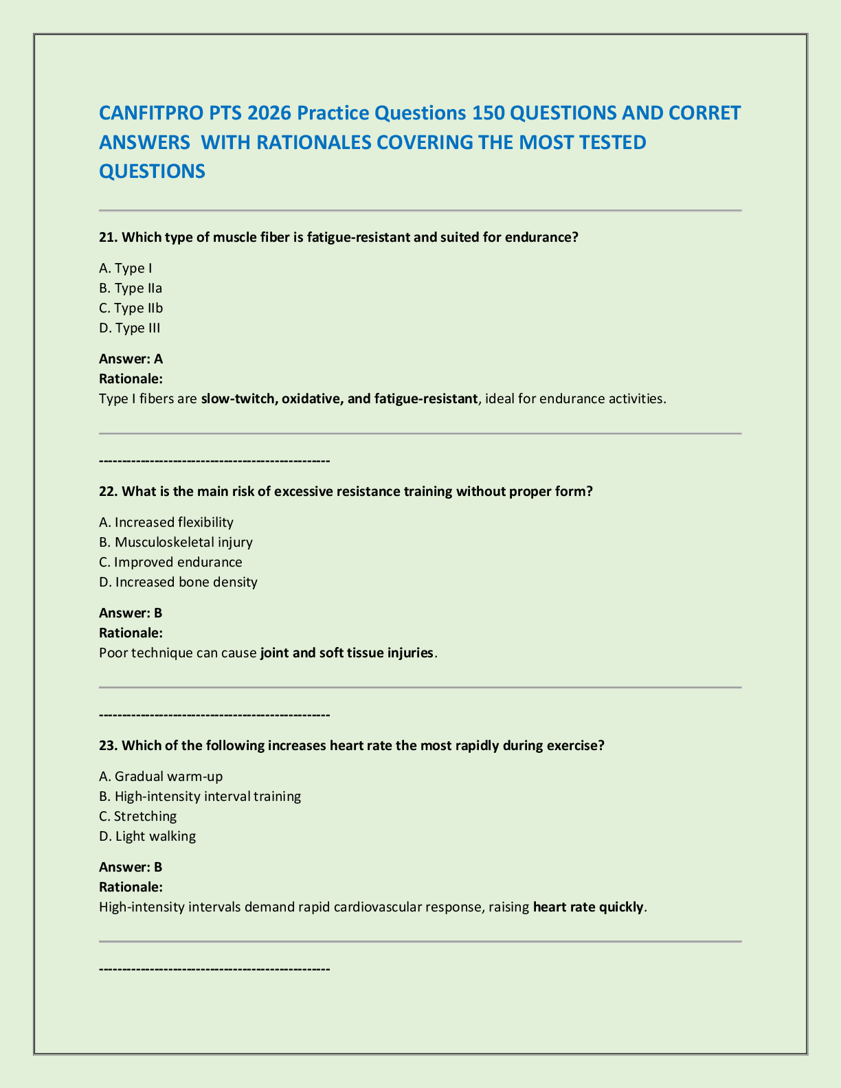 CANFITPRO PTS 2026 Practice Questions 150 QUESTIONS AND CORRET  ANSWERS  WITH RATIONALES COVERING THE MOST TESTED  QUESTIONS