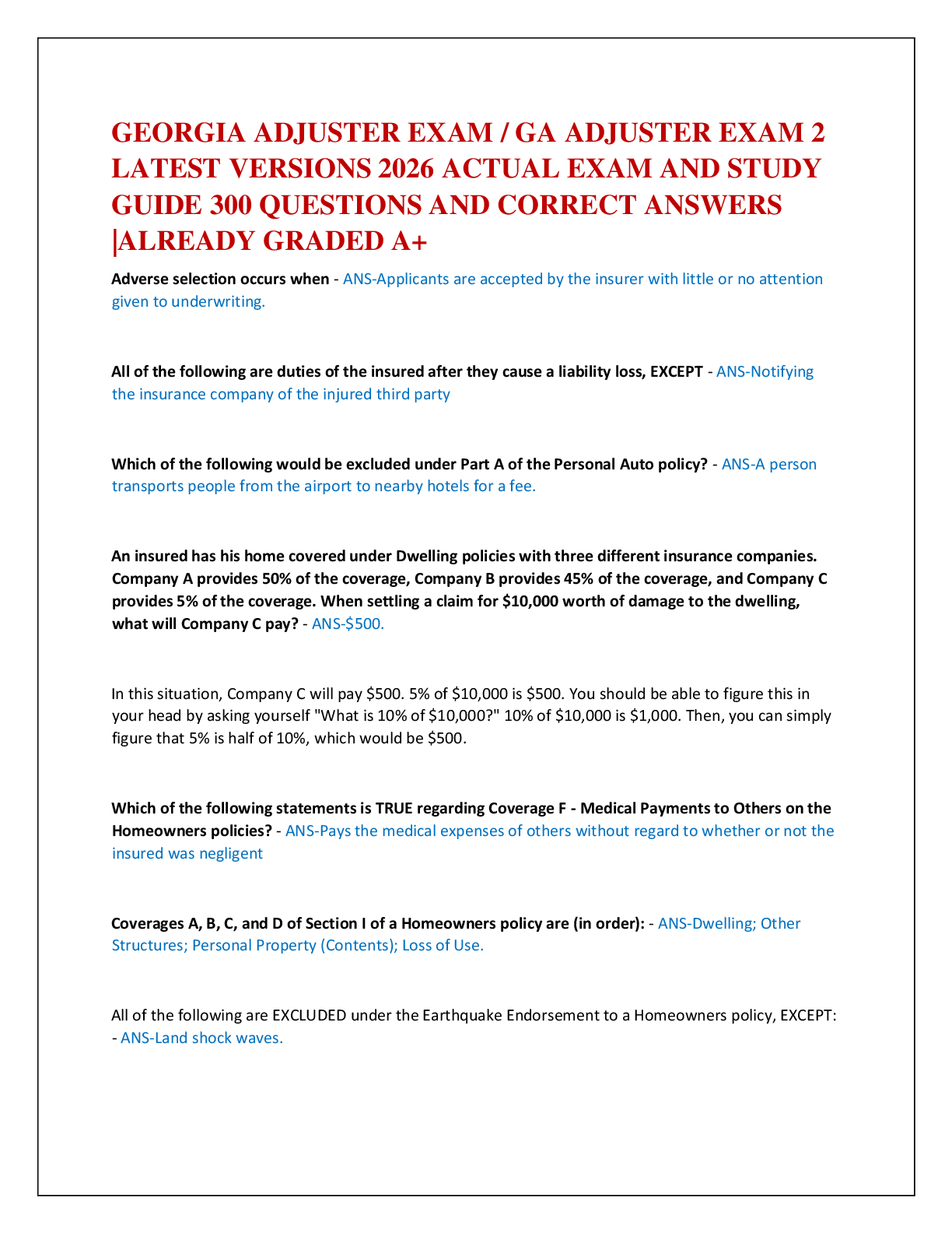 GEORGIA ADJUSTER EXAM / GA ADJUSTER EXAM 2   LATEST VERSIONS 2026 ACTUAL EXAM AND STUDY   GUIDE 300 QUESTIONS AND CORRECT ANSWERS  |ALREADY GRADED A+
