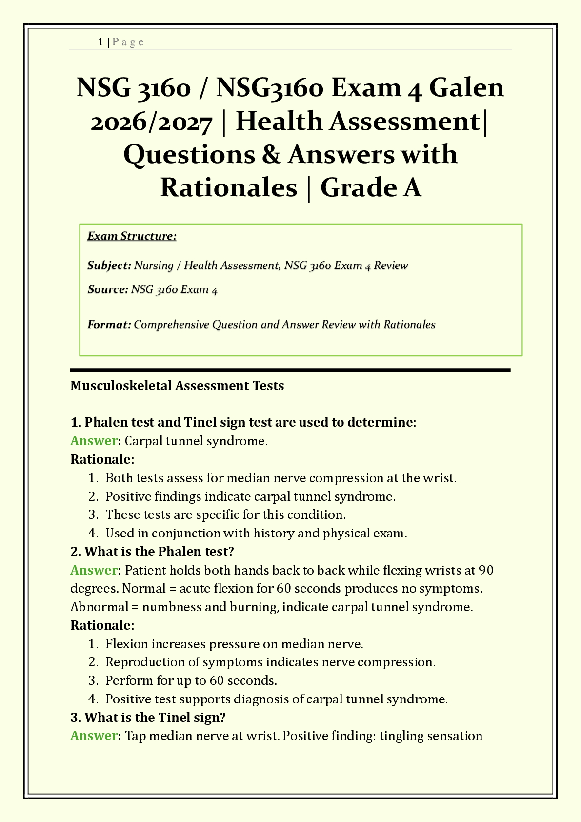 NSG 3160 / NSG3160 Exam 4 Galen | 2026/2027 | Health Assessment |  Q & A with Rationales | GI, GU, Musculoskeletal & Comprehensive Assessment | Grade A