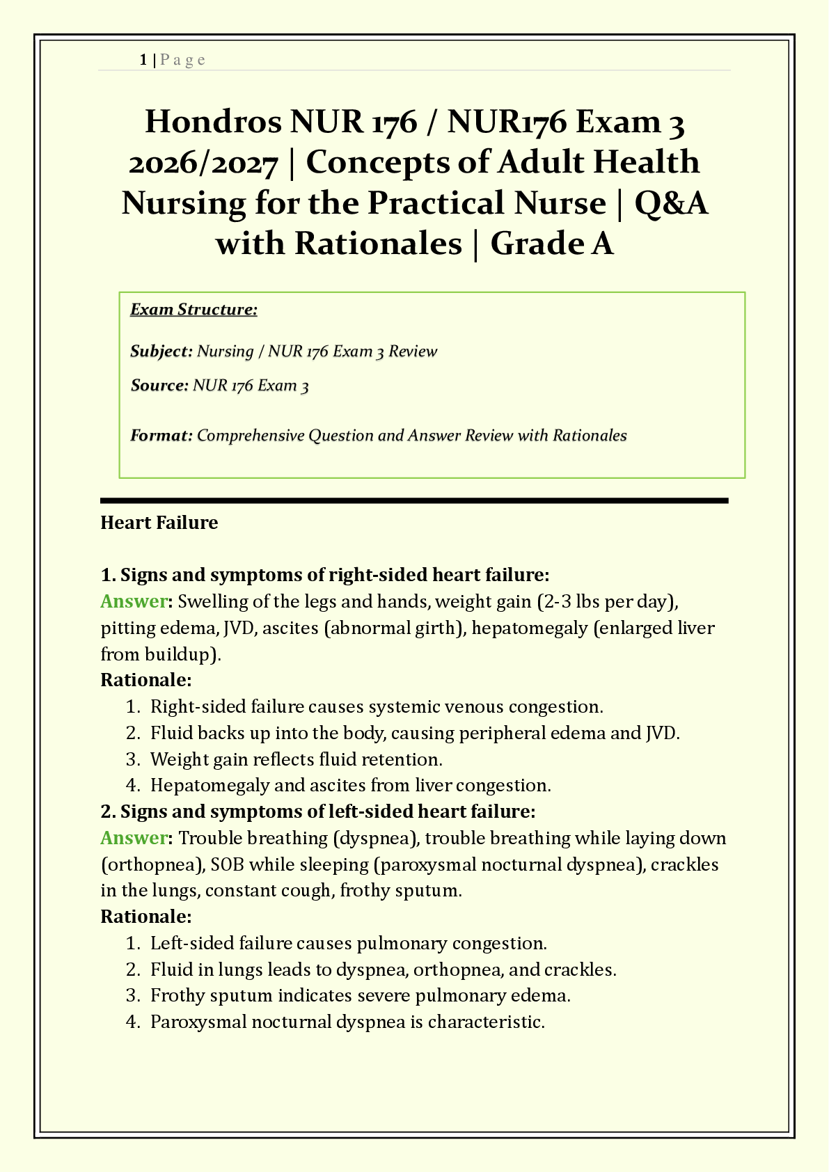 Preview of Hondros NUR 176 / NUR176 Exam 3 | 2026/2027 | Concepts of Adult Health Nursing for the Practical Nurse | Q &amp; A with Rationales | Cardiovascular, Endocrine, GI &amp; Infectious Diseases | Grade A