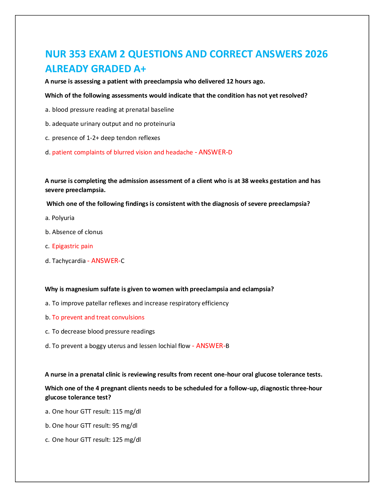 NUR 353 EXAM 2 QUESTIONS AND CORRECT ANSWERS 2026  ALREADY GRADED A+