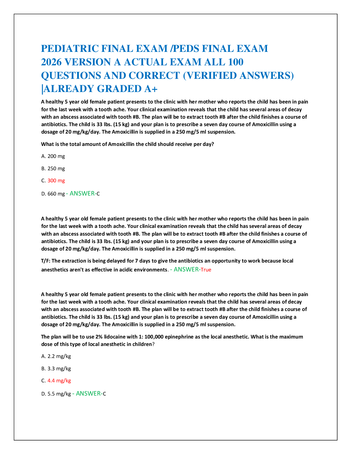 Preview of PEDIATRIC FINAL EXAM /PEDS FINAL EXAM   2026 VERSION A ACTUAL EXAM ALL 100   QUESTIONS AND