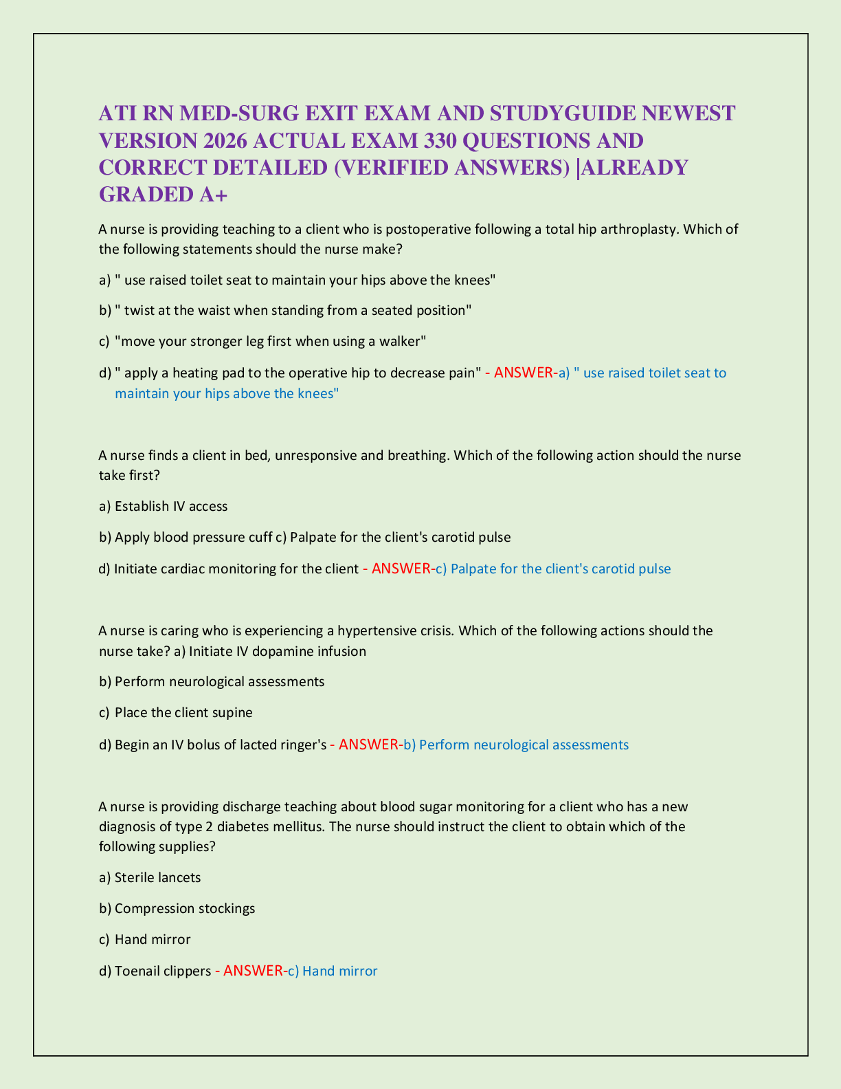 Recommended document preview for ATI RN MED-SURG EXIT EXAM AND STUDYGUIDE NEWEST   VERSION 2026 ACTUAL EXAM 330 QUESTIONS AND   CORRECT DETAILED (VERIFIED ANSWERS) |ALREADY  GRADED A+