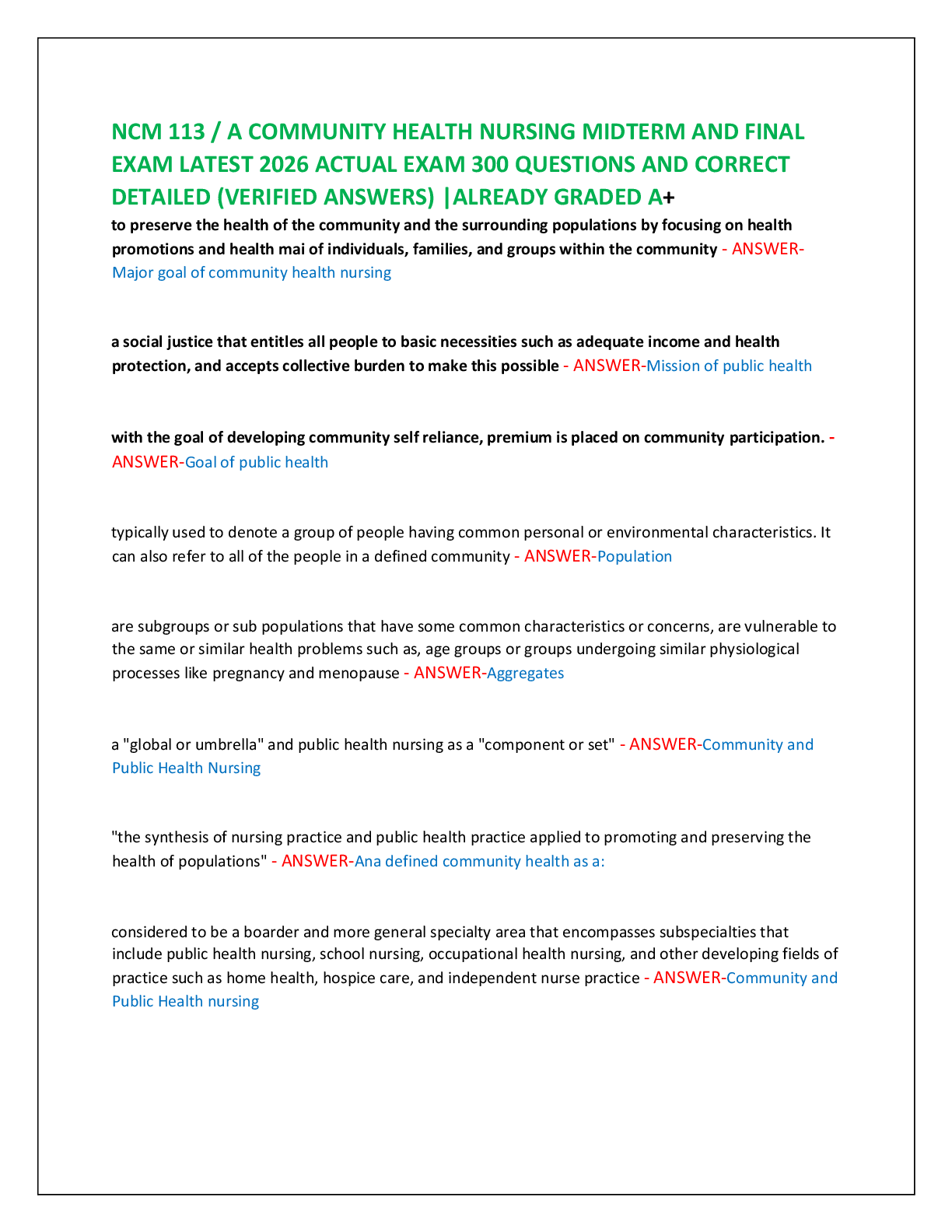 Preview of NCM 113 / A COMMUNITY HEALTH NURSING MIDTERM AND FINAL   EXAM LATEST 2026 ACTUAL EXAM 300