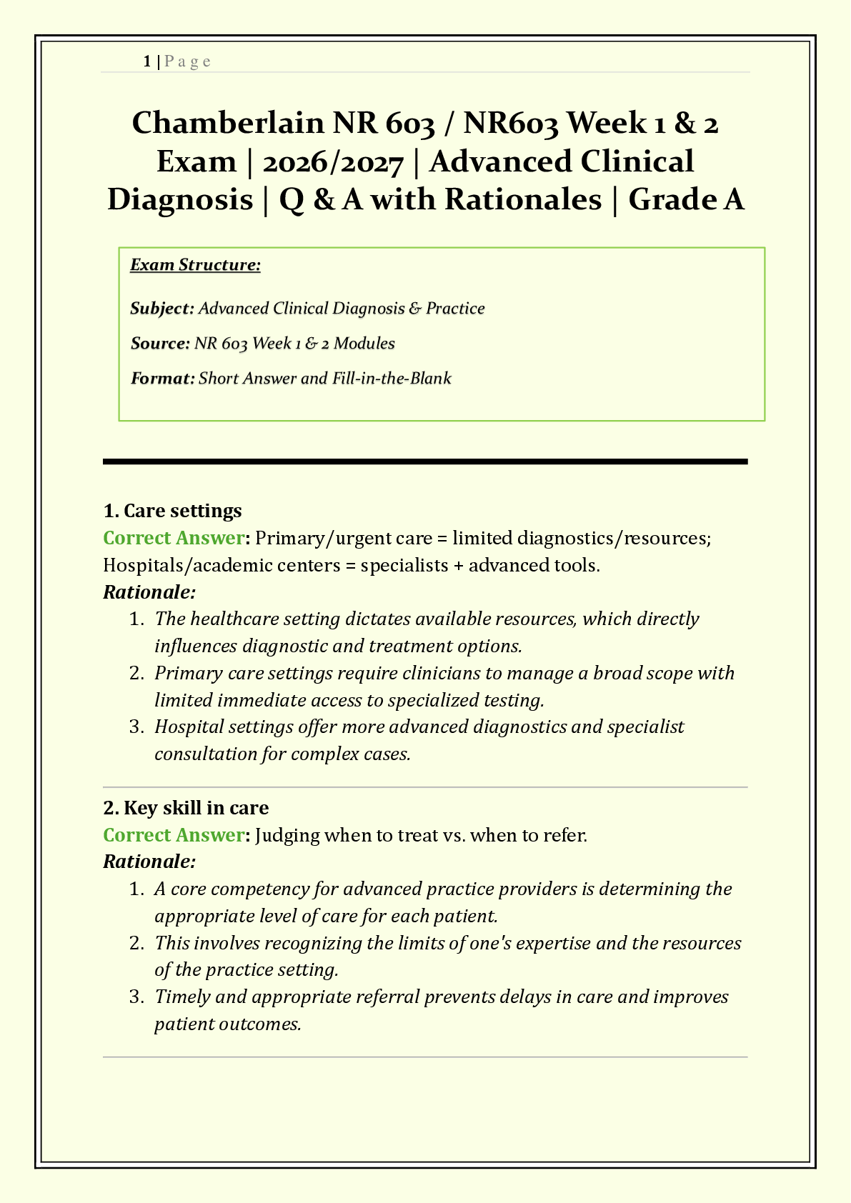 Preview of Chamberlain NR 603 / NR603 Week 1 & 2 Exam 2026/2027 | Advanced Clinical Diagnosis | Q&A |