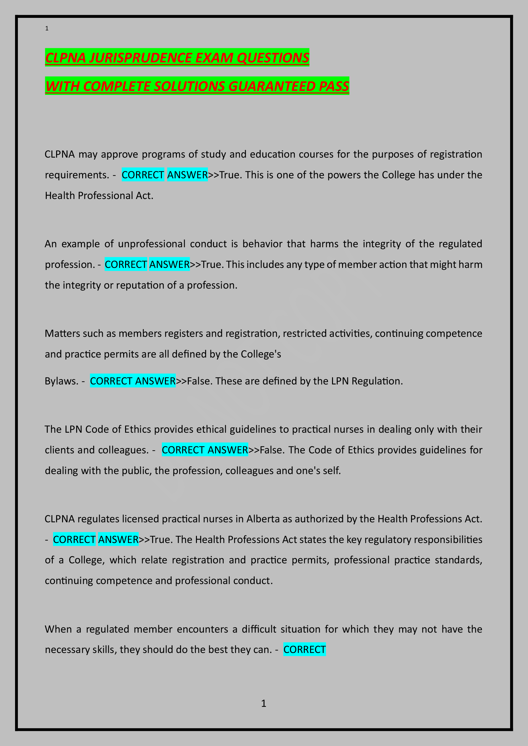 CLPNA JURISPRUDENCE EXAM QUESTIONS WITH COMPLETE SOLUTIONS GUARANTEED PASS CLPNA