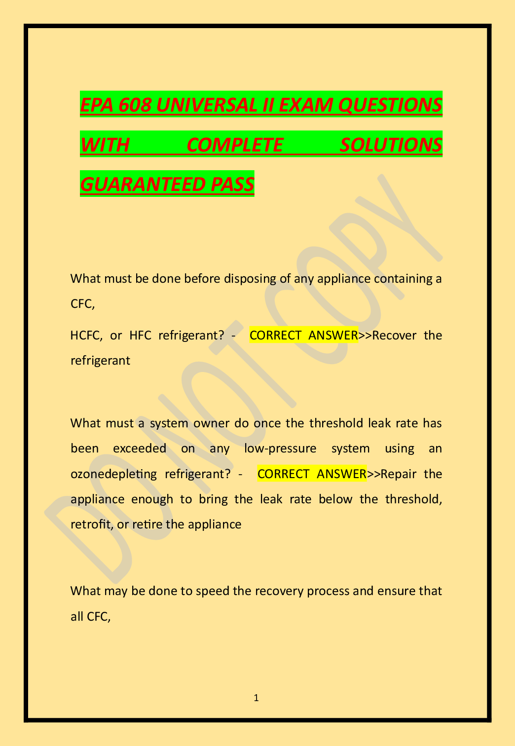Preview of 1EPA 608 UNIVERSAL II EXAM QUESTIONS WITH COMPLETE SOLUTIONS GUARANTEED PASS
