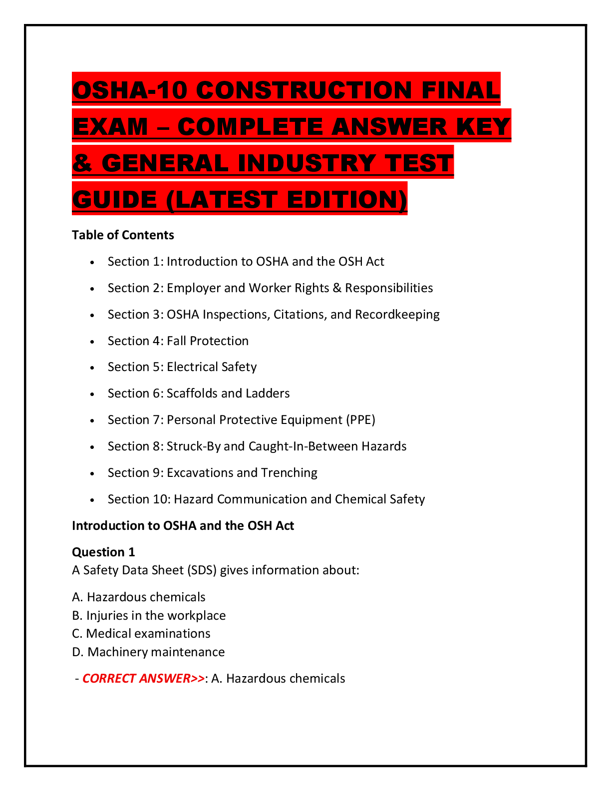 Recommended document preview for OSHA-10 CONSTRUCTION FINAL  EXAM – COMPLETE ANSWER KEY  & GENERAL INDUSTRY TEST  GUIDE (LATEST EDITION)