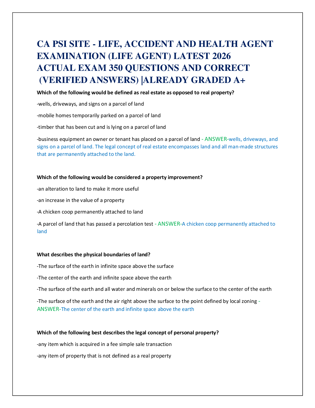 CA PSI SITE - LIFE, ACCIDENT AND HEALTH AGENT   EXAMINATION (LIFE AGENT) LATEST 2026  ACTUAL EXAM 350 QUESTIONS AND CORRECT   (VERIFIED ANSWERS) |ALREADY GRADED A+