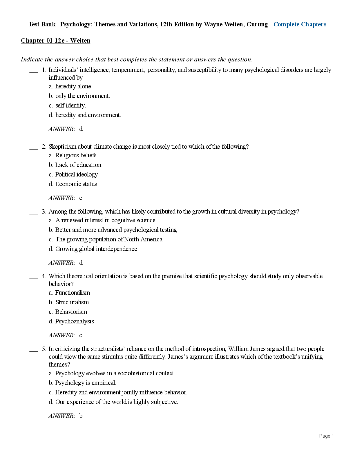 Preview of Psychology: Themes and Variations 12th Edition Test Bank Questions and Answers | Wayne Weiten | Exam Prep Resource