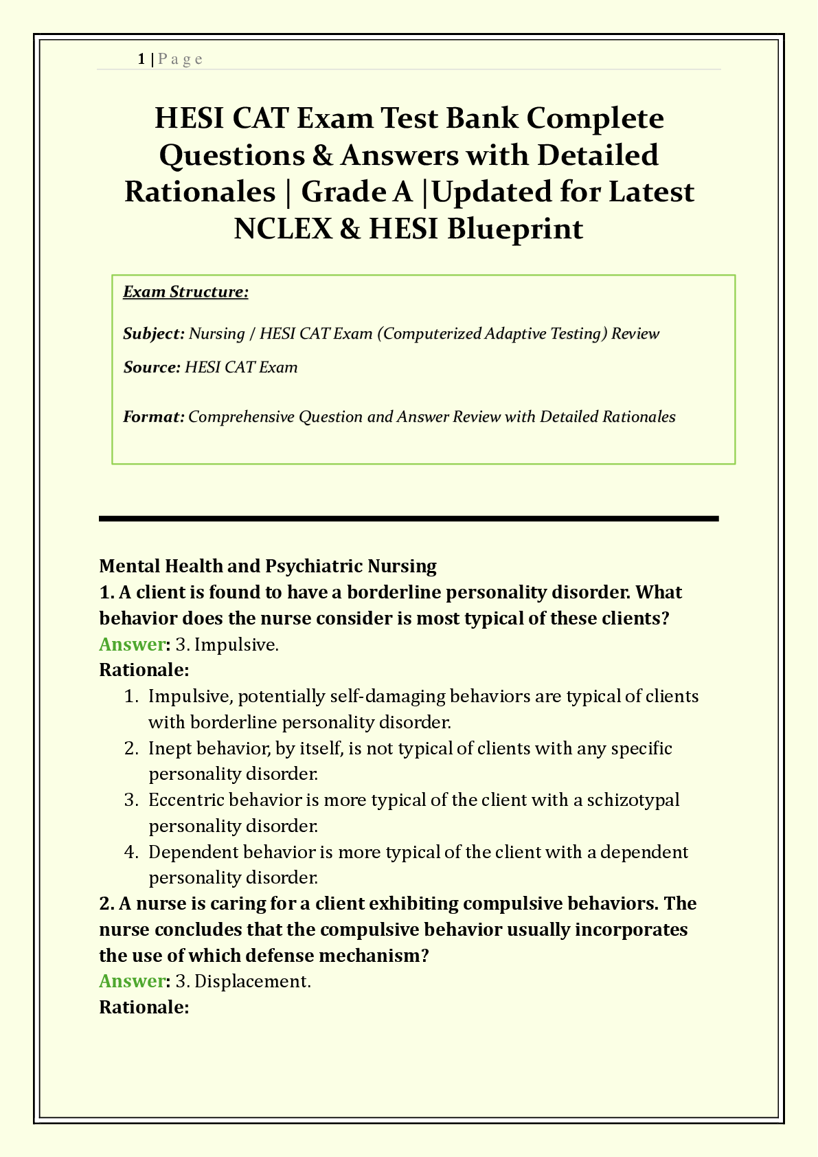 Recommended document preview for HESI CAT Exam Test Bank 2026/2027 | Questions & Answers with Detailed Rationales |  NCLEX & HESI Blueprint | NGN Style Questions | Grade A+ | Verified Solutions
