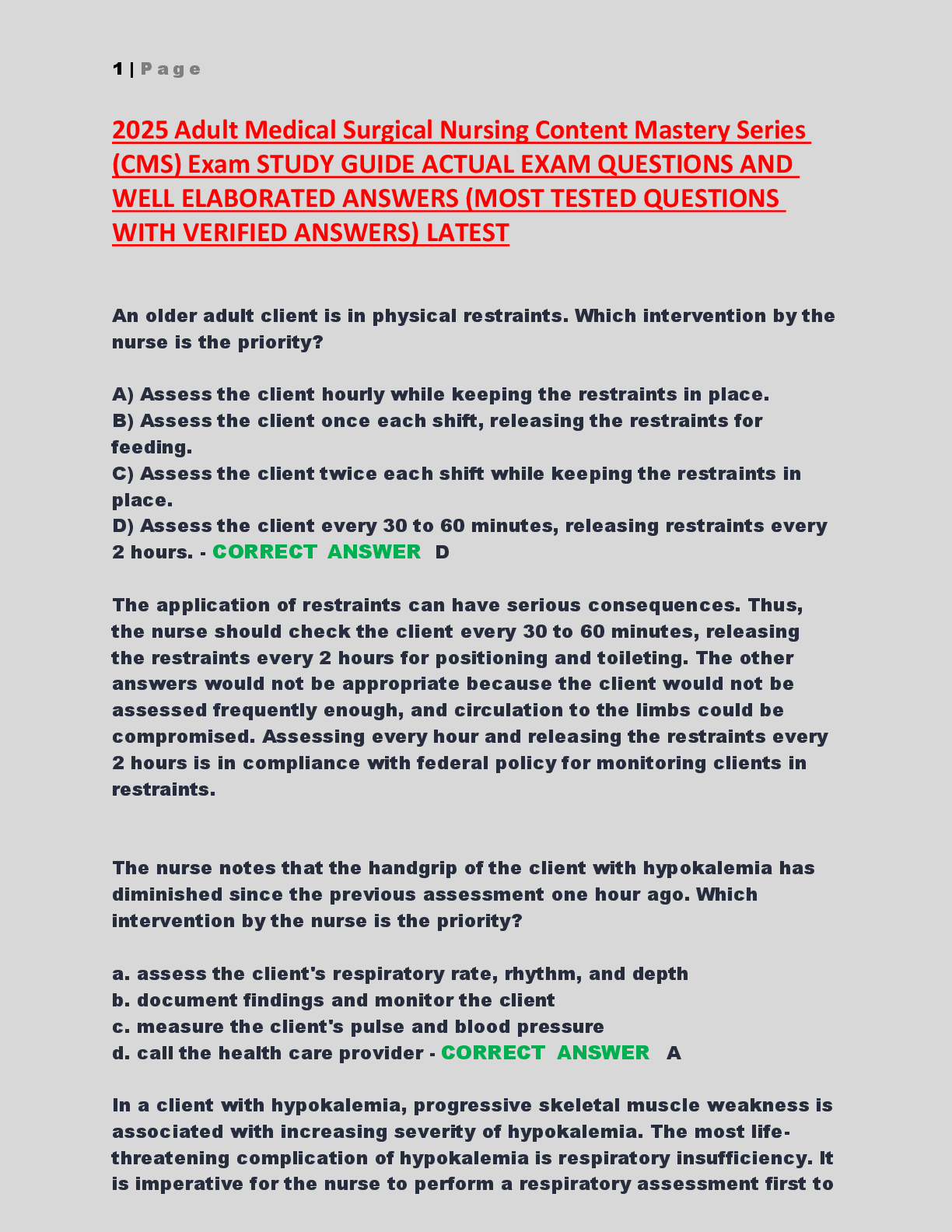 Recommended document preview for 2025 Adult Medical Surgical Nursing Content Mastery Series (CMS) Exam STUDY GUIDE ACTUAL EXAM QUESTIONS AND WELL ELABORATED ANSWERS (MOST TESTED QUESTIONS WITH VERIFIED ANSWERS) LATEST