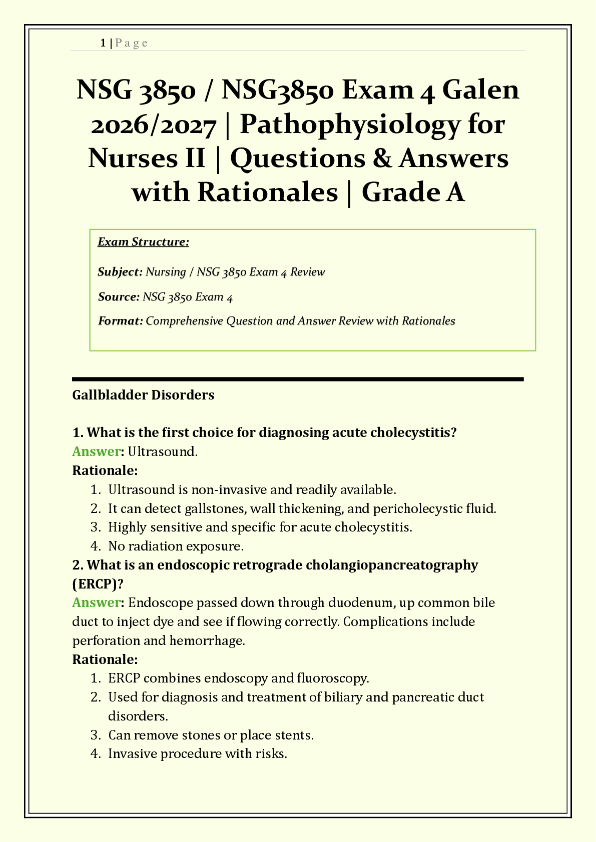 Recommended document preview for Galen NSG 3850 / NSG3850 Exam 4 Study Guide 2026/2027 | Pathophysiology for Nurses II | Q&A with Rationales | Pulmonary & Perfusion Disorders | Grade A | Verified Solutions