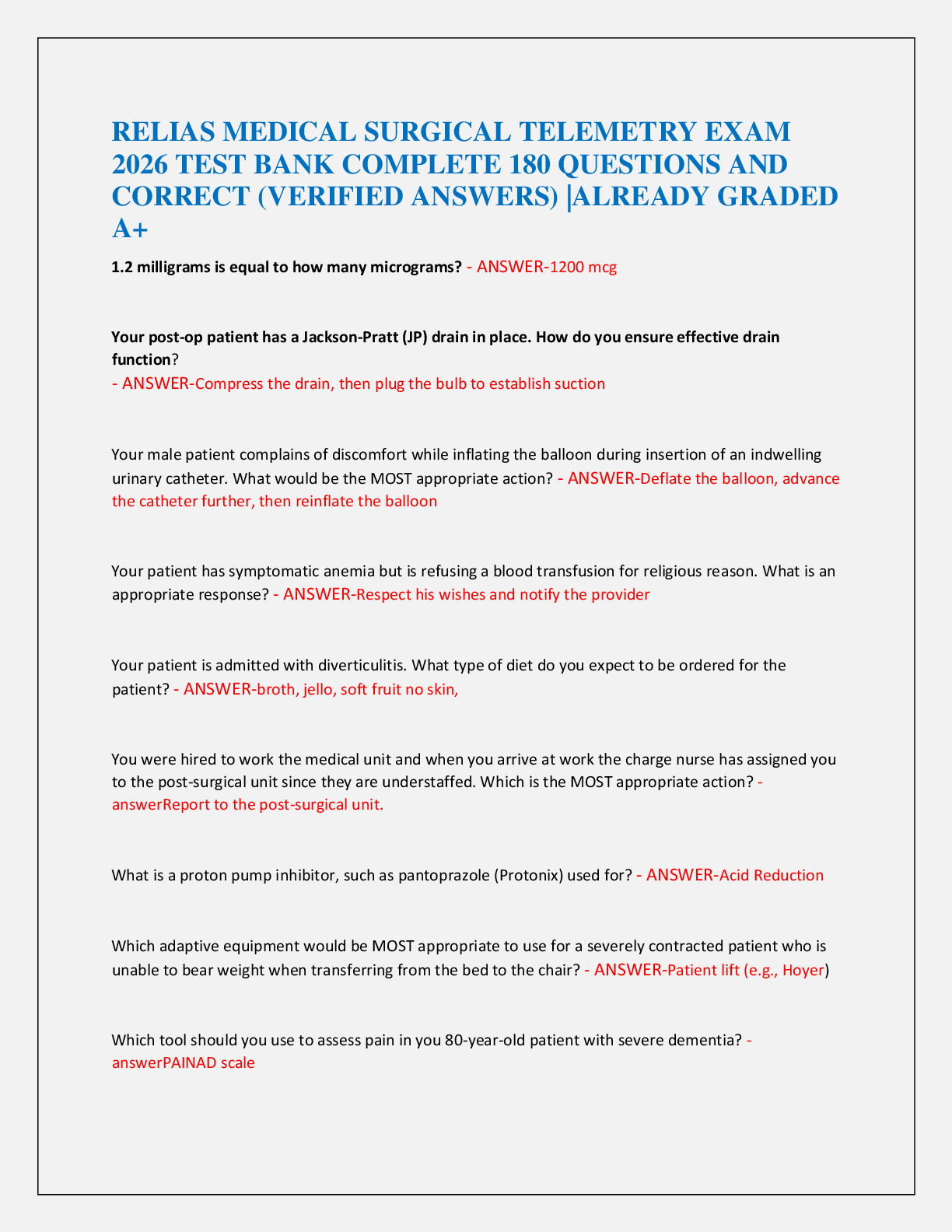 Recommended document preview for RELIAS MEDICAL SURGICAL TELEMETRY EXAM  2026 TEST BANK COMPLETE 180 QUESTIONS AND   CORRECT (VERIFIED ANSWERS) |ALREADY GRADED  A+