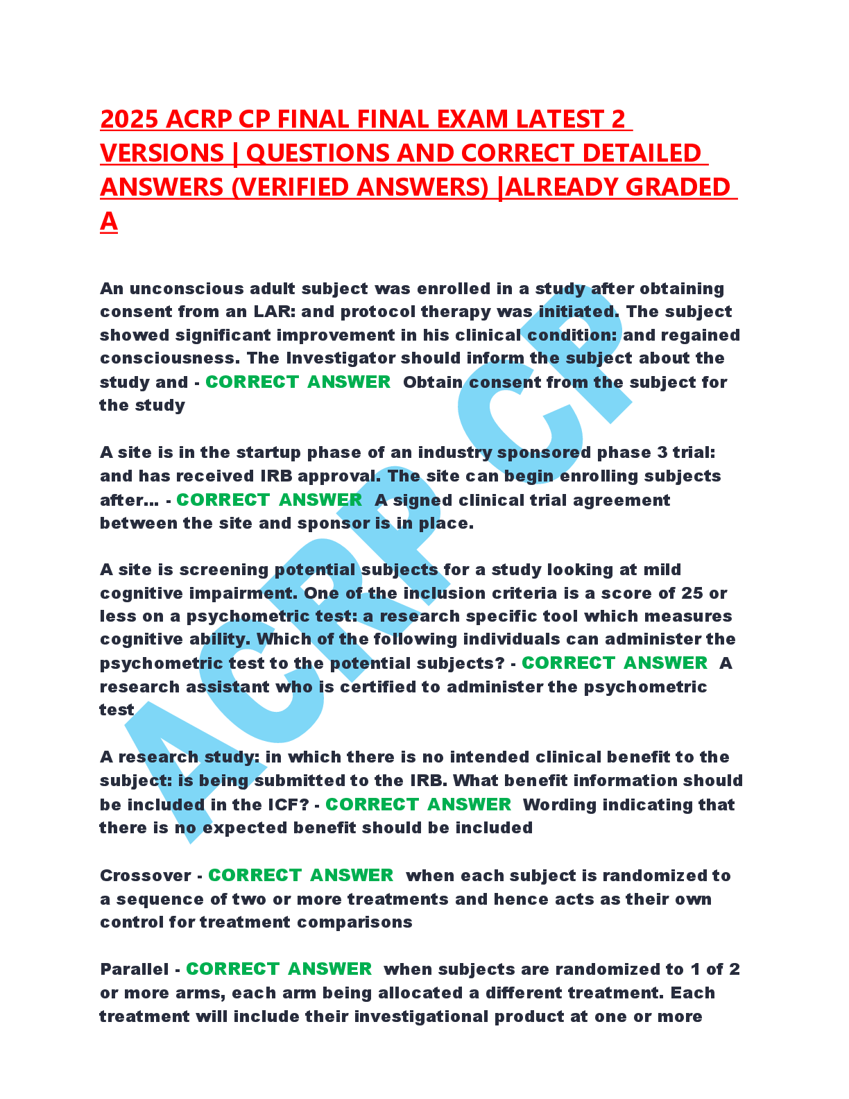 Recommended document preview for 2025 ACRP CP FINAL FINAL EXAM LATEST 2 VERSIONS | QUESTIONS AND CORRECT DETAILED ANSWERS (VERIFIED ANSWERS) |ALREADY GRADED A