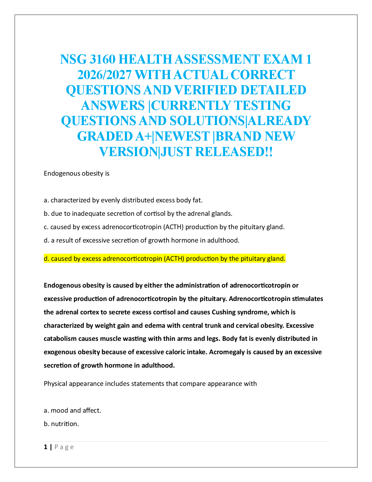 NSG 3160 HEALTH ASSESSMENT EXAM 1  2026/2027
