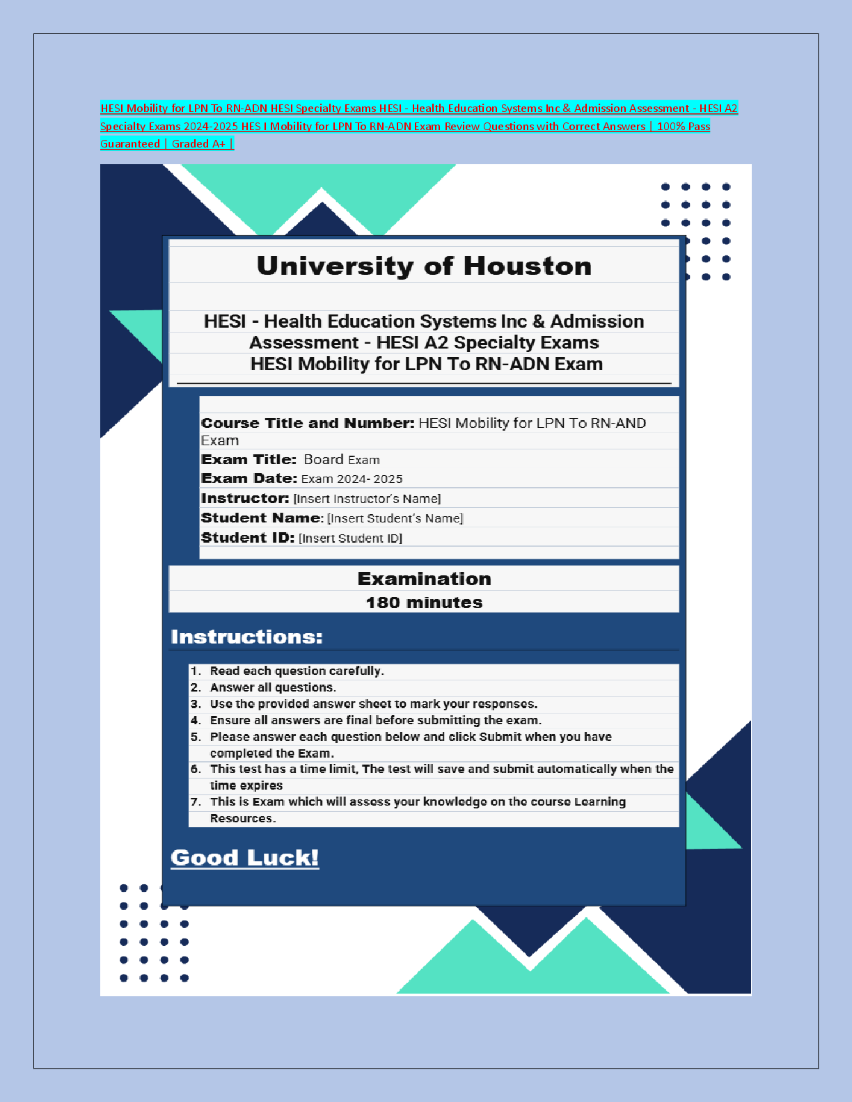 Preview of HESI Mobility for LPN To RN-ADN HESI Specialty Exams HESI - Health Education Systems Inc & Admission Assessment - HESI A2  Specialty Exams 2024-2025 HES I Mobility for LPN To RN-ADN Exam Review Questions with Correct Answers | 100% Pass  Guaranteed | Graded A+ |