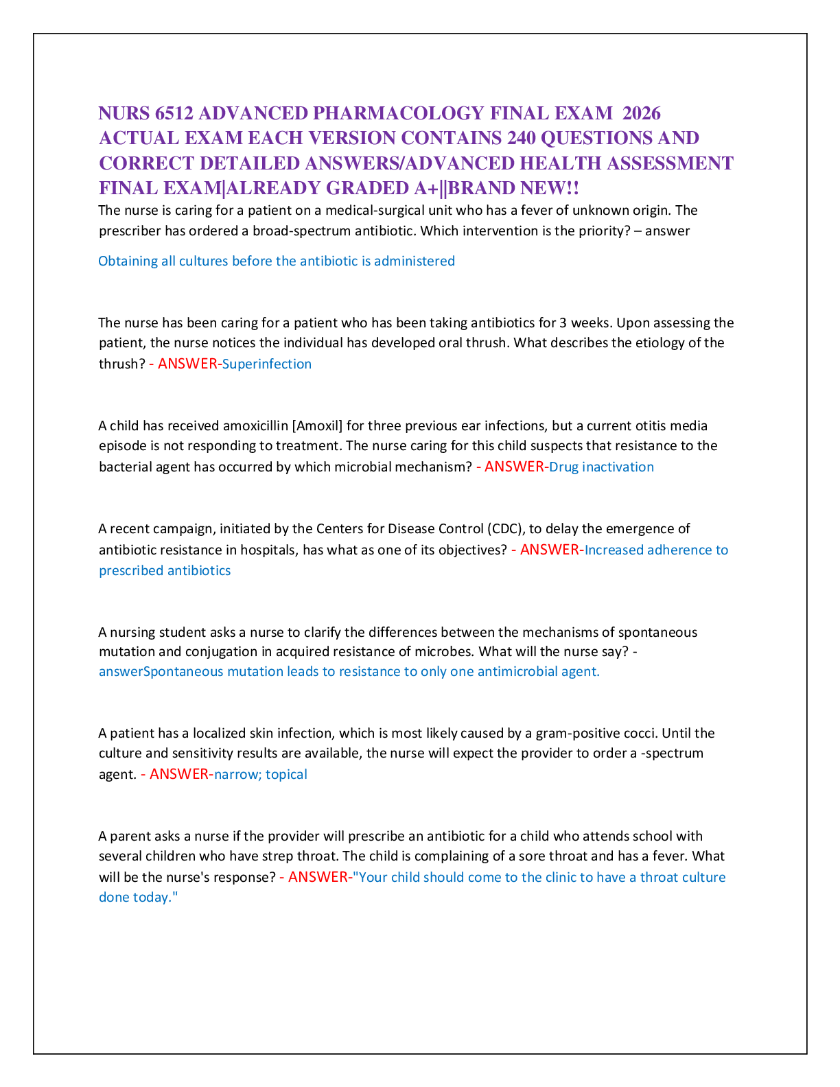 NURS 6512 ADVANCED PHARMACOLOGY FINAL EXAM  2026  ACTUAL EXAM EACH VERSION CONTAINS 240 QUESTIONS AND  CORRECT DETAILED ANSWERS/ADVANCED HEALTH ASSESSMENT  FINAL EXAM|ALREADY GRADED A+||BRAND NEW!!