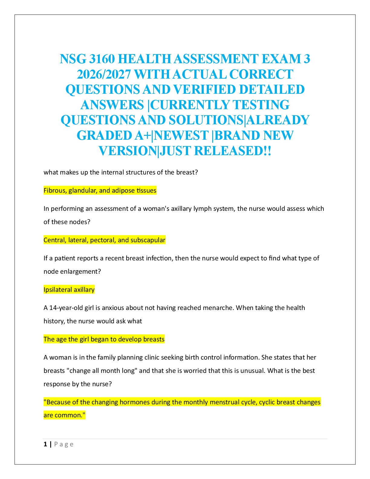 NSG 3160 HEALTH ASSESSMENT EXAM 3  2026/2027
