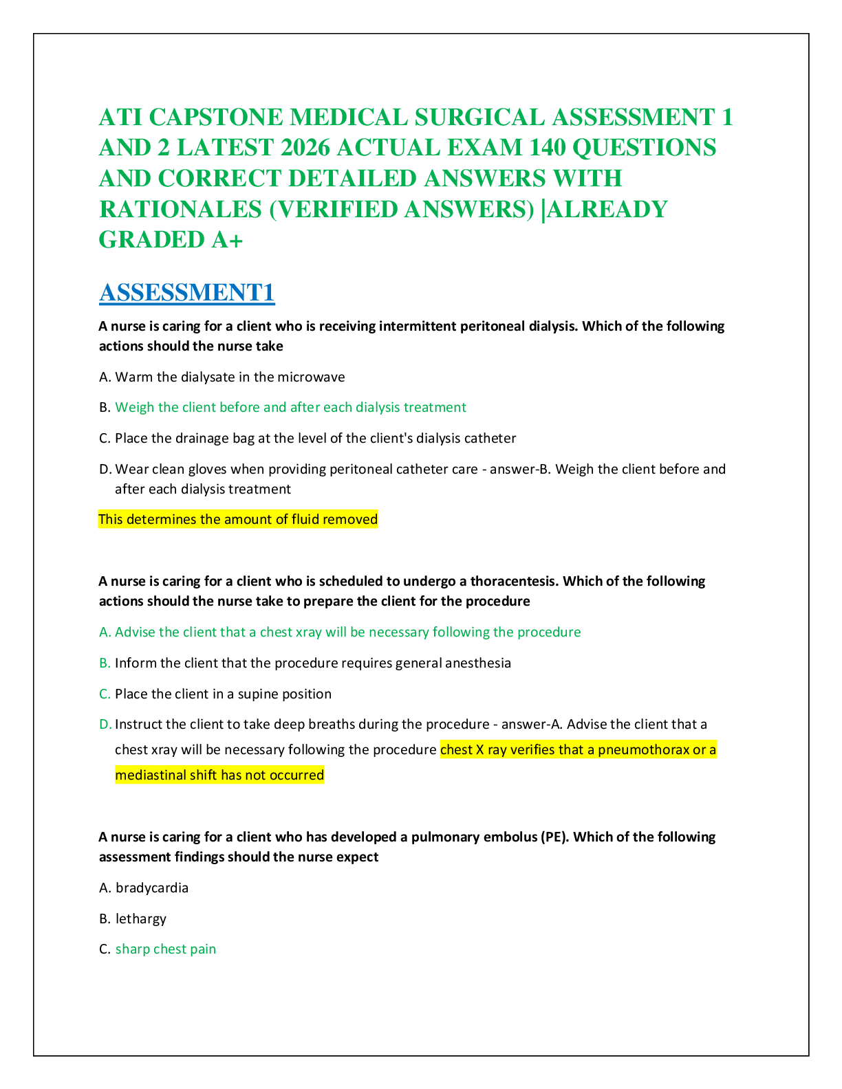 Recommended document preview for ATI CAPSTONE MEDICAL SURGICAL ASSESSMENT 1   AND 2 LATEST 2026 ACTUAL EXAM 140 QUESTIONS   AND CORRECT DETAILED ANSWERS WITH  RATIONALES (VERIFIED ANSWERS) |ALREADY   GRADED A+