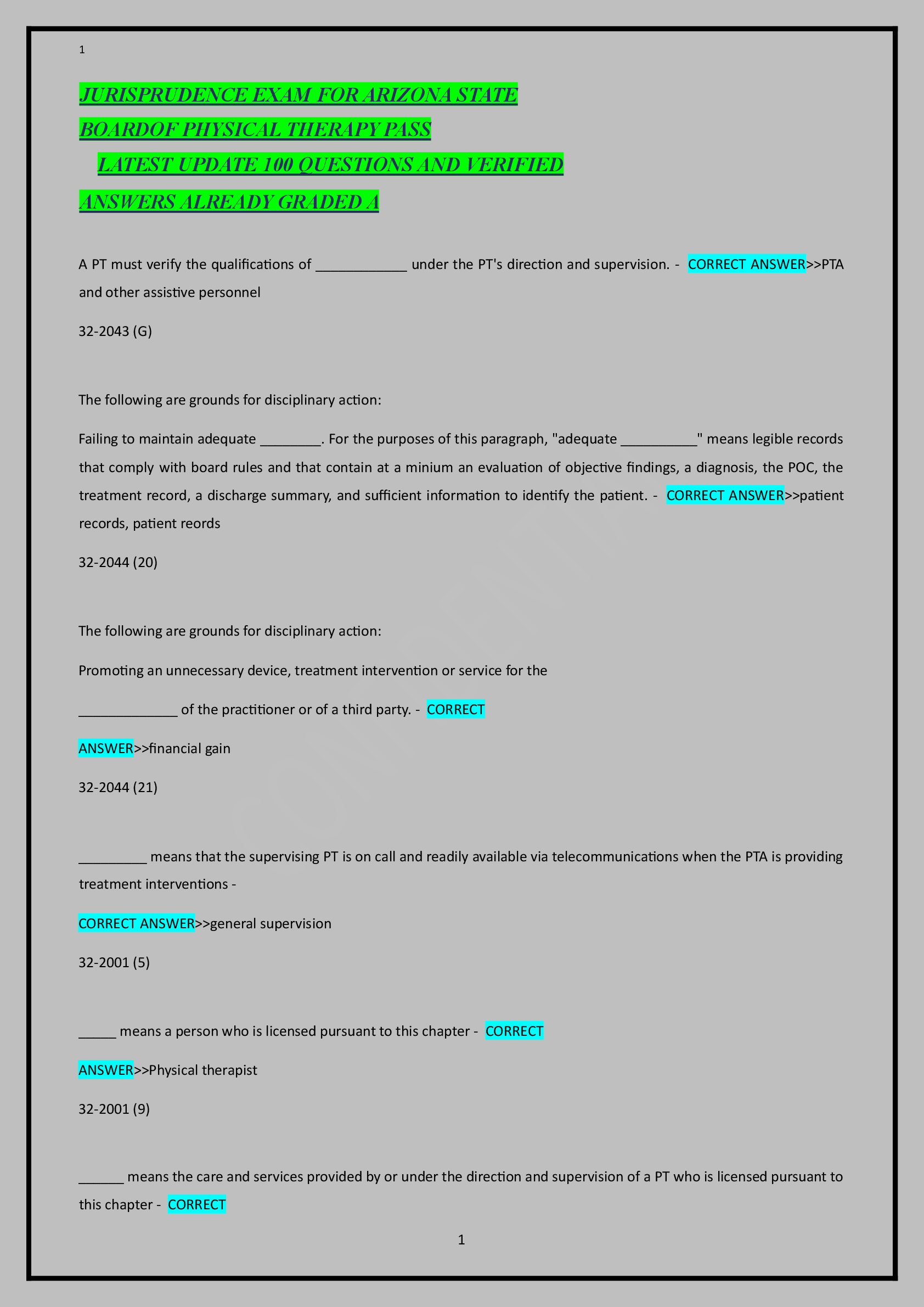 JURISPRUDENCE EXAM FOR ARIZONA STATE BOARDOF PHYSICAL THERAPY PASS LATEST UPDATE 100 QUESTIONS AND VERIFIED ANSWERS ALREADY GRADED A