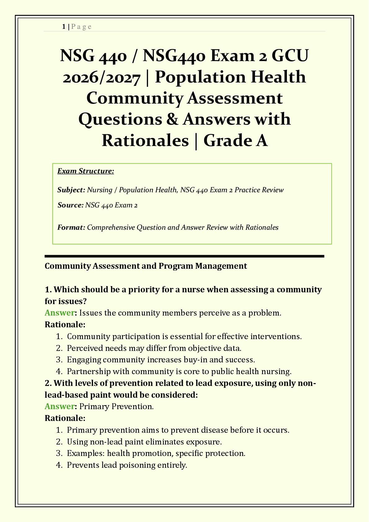 Recommended document preview for NSG 440 / NSG440 Exam 2 GCU | 2026/2027 | Population Health | Community Assessment, Epidemiology  | Q & A with Rationales | Grade A
