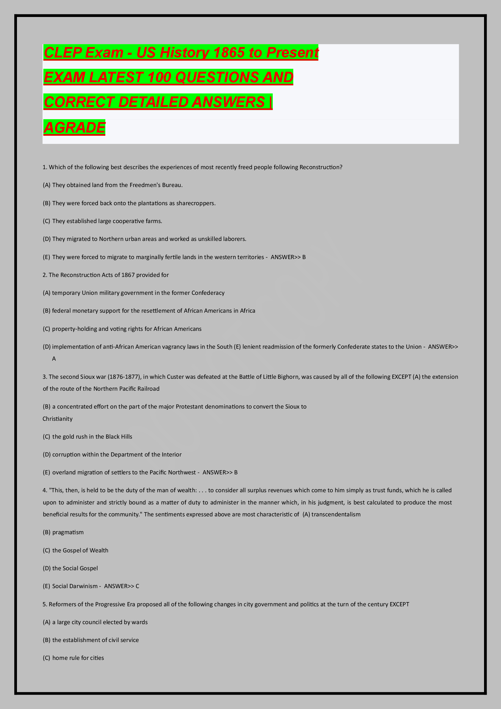 Recommended document preview for CLEP Exam - US History 1865 to Present EXAM LATEST 100 QUESTIONS AND CORRECT DETAILED ANSWERS | AGRADE