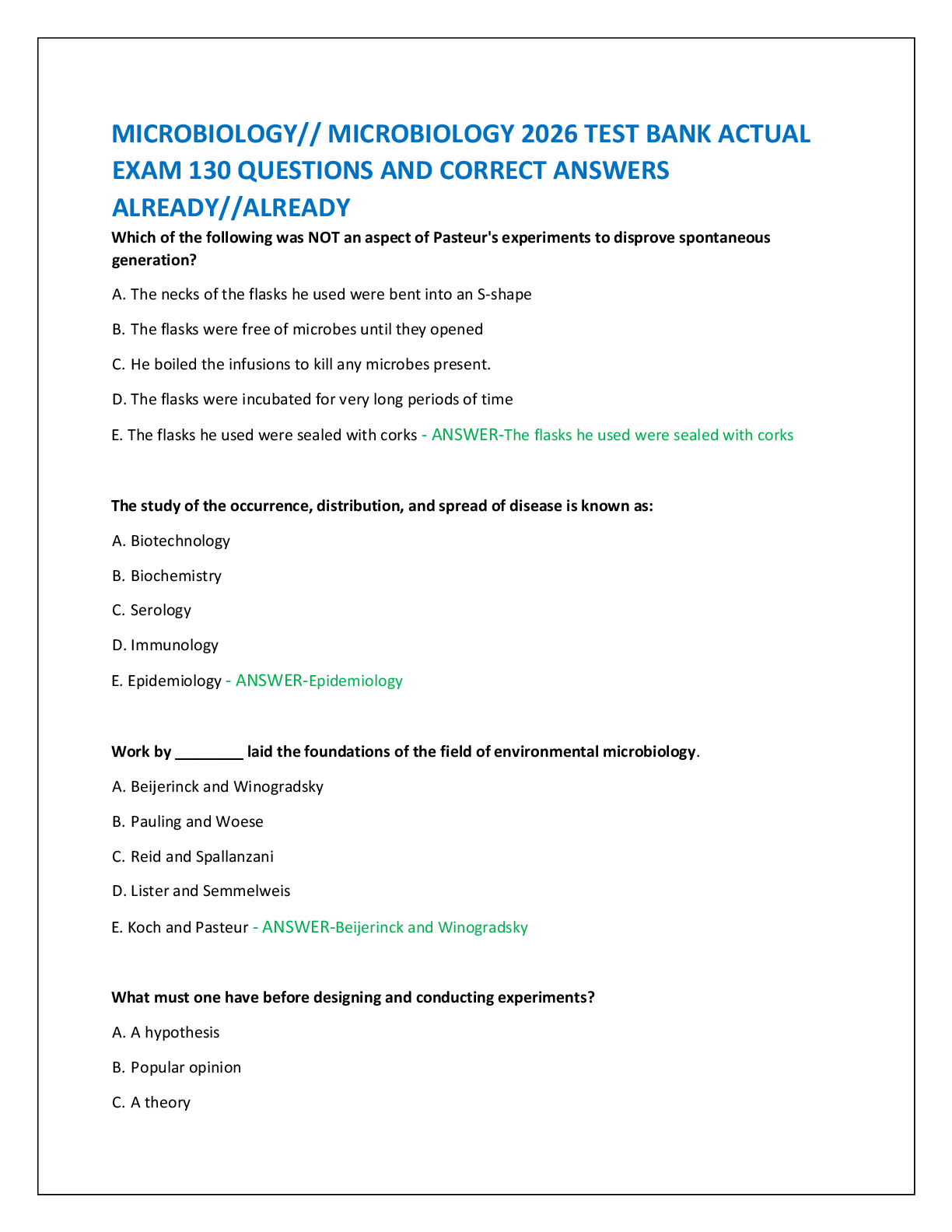 Recommended document preview for MICROBIOLOGY// MICROBIOLOGY 2026 TEST BANK ACTUAL  EXAM 130 QUESTIONS AND CORRECT ANSWERS  ALREADY//ALREADY