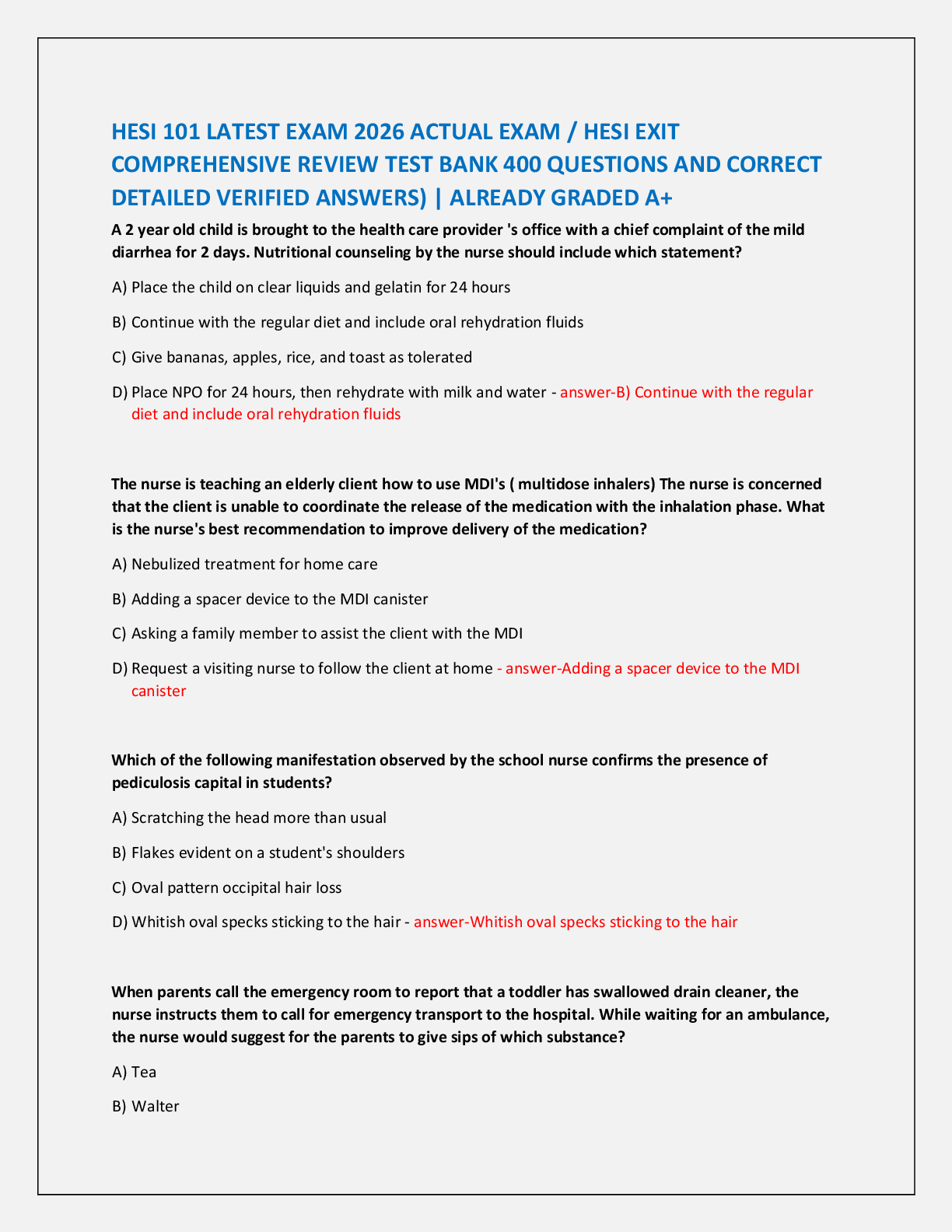 Preview of HESI 101 LATEST EXAM 2026 ACTUAL EXAM / HESI EXIT   COMPREHENSIVE REVIEW TEST BANK 400 QUESTIONS AND CORRECT   DETAILED VERIFIED ANSWERS) | ALREADY GRADED A+