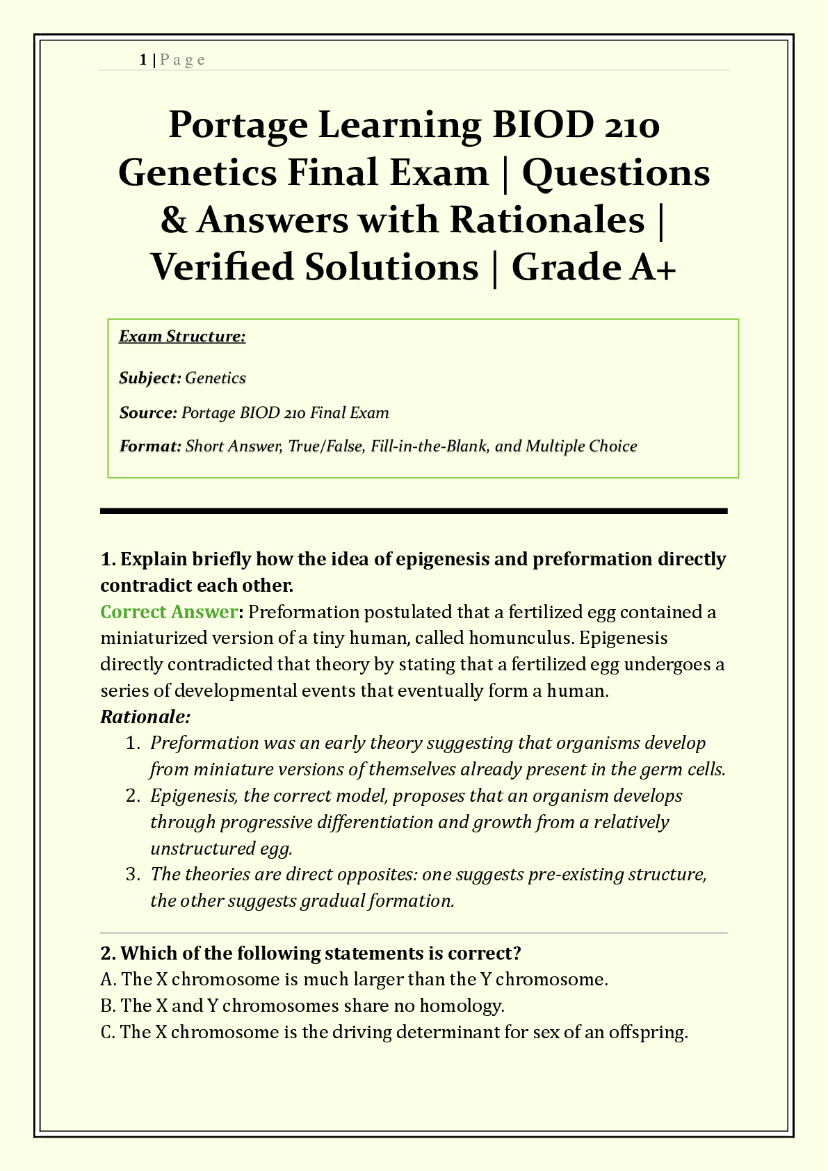 Portage Learning BIOD 210 Genetics Final Exam 2026/2027 |  Q&A  | Mendelian Genetics, DNA Structure, Mutations & Population Genetics | Grade A+ | Verified Solutions